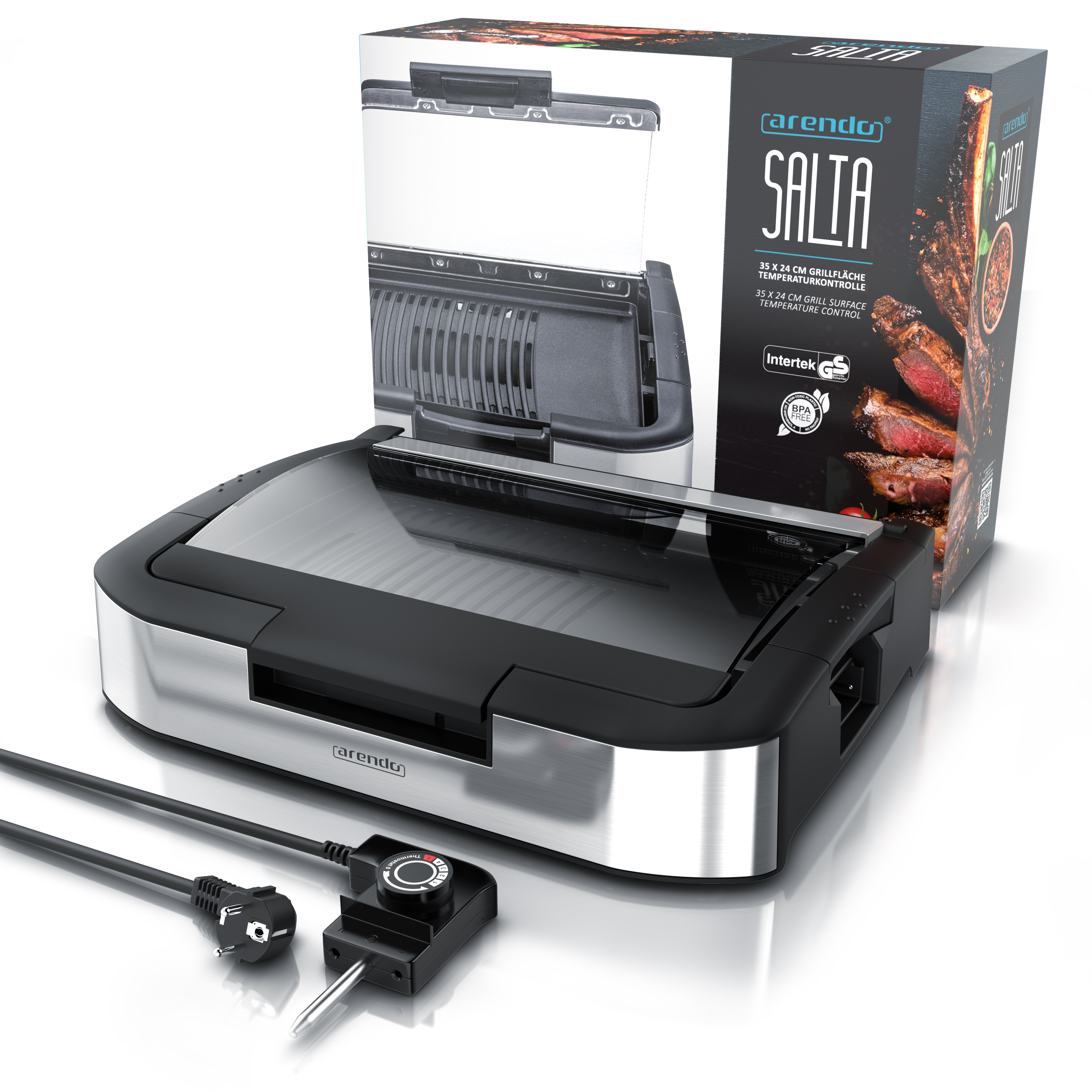 Ein Elektrogrill mit einer Box dahinter. Die Box zeigt den Grill und gekochtes Fleisch. Kabel sind vorne.