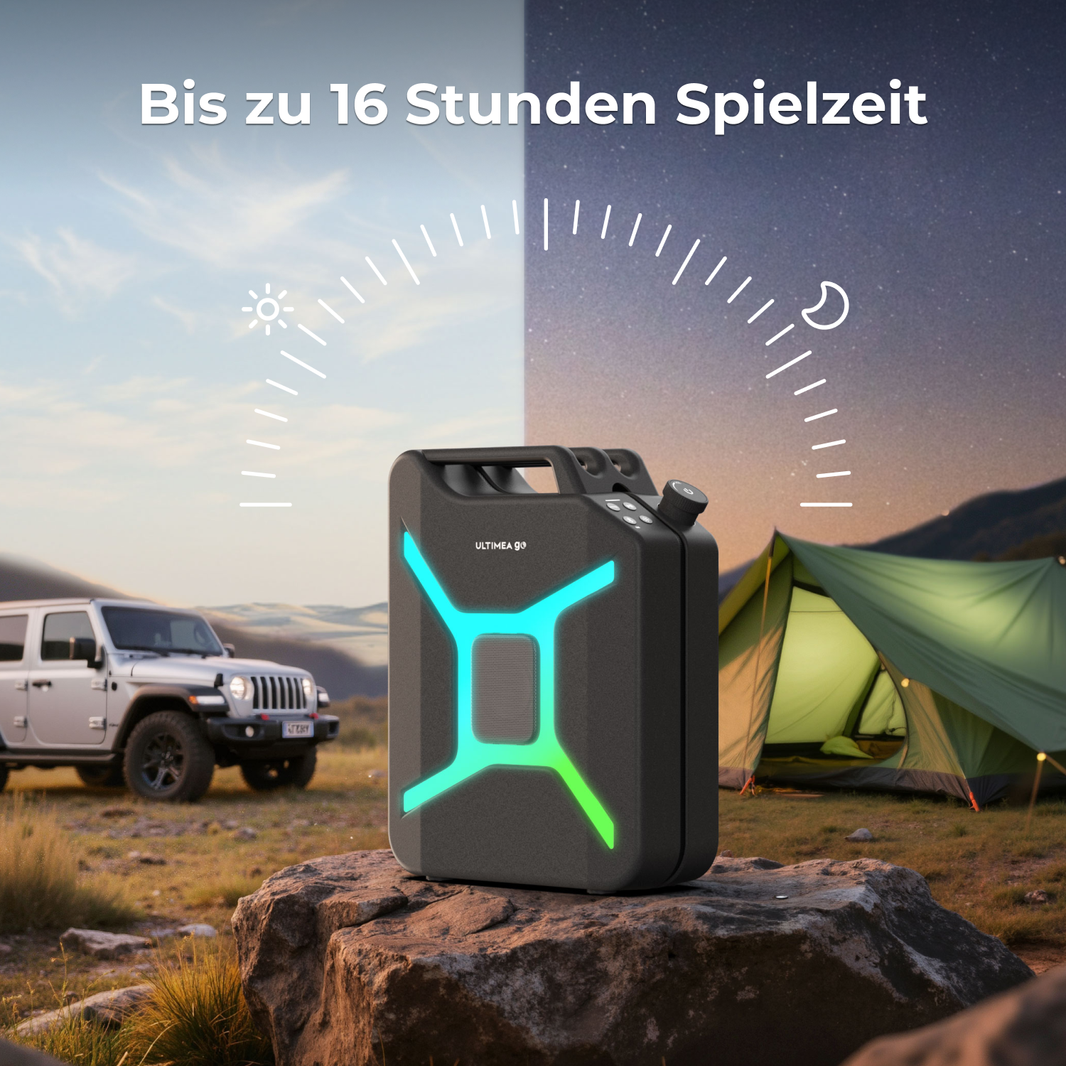 Ein Lautsprecher mit farbenfrohem Design steht auf einem Felsen, im Hintergrund ein Jeep und ein Zelt. Der Himmel ist geteilt, um Tag und Nacht zu zeigen.
