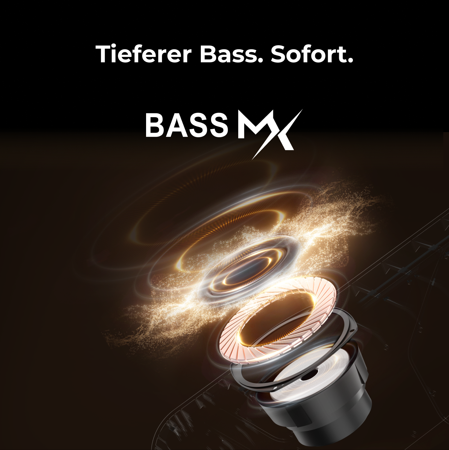 Das Bild zeigt einen Lautsprecher mit Schallwellen. Der Text lautet 'Tieferer Bass. Sofort' und 'BASS MX'.