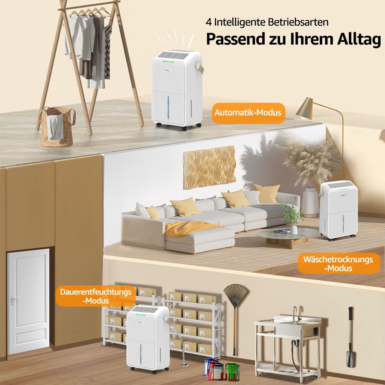 Das Bild zeigt einen Luftentfeuchter in verschiedenen Umgebungen, darunter ein Wohnzimmer, ein Waschbereich und ein Lager.