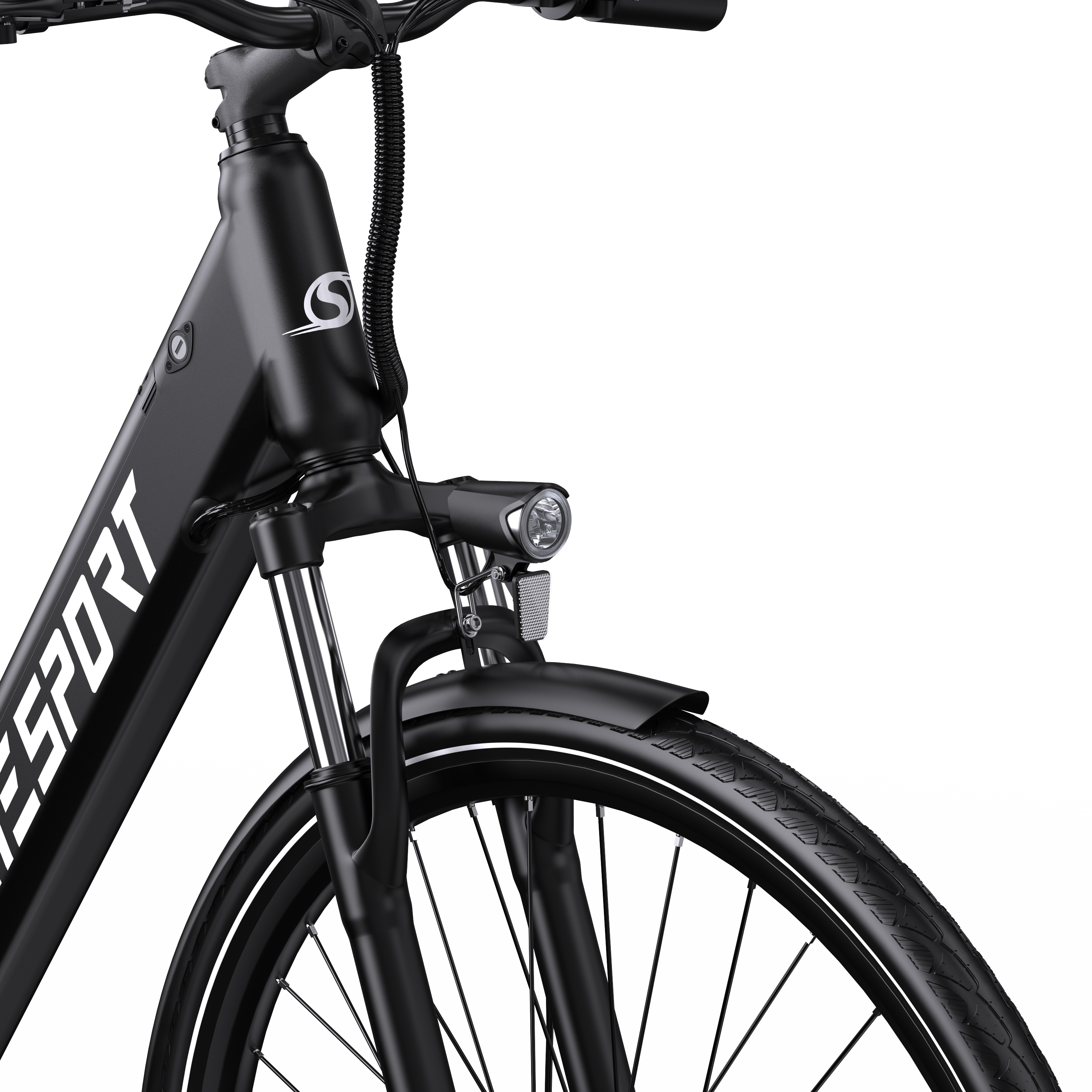 Parte anteriore di una bici elettrica nera. Include ruota, parafango, faro e manubrio. Sfondo bianco.
