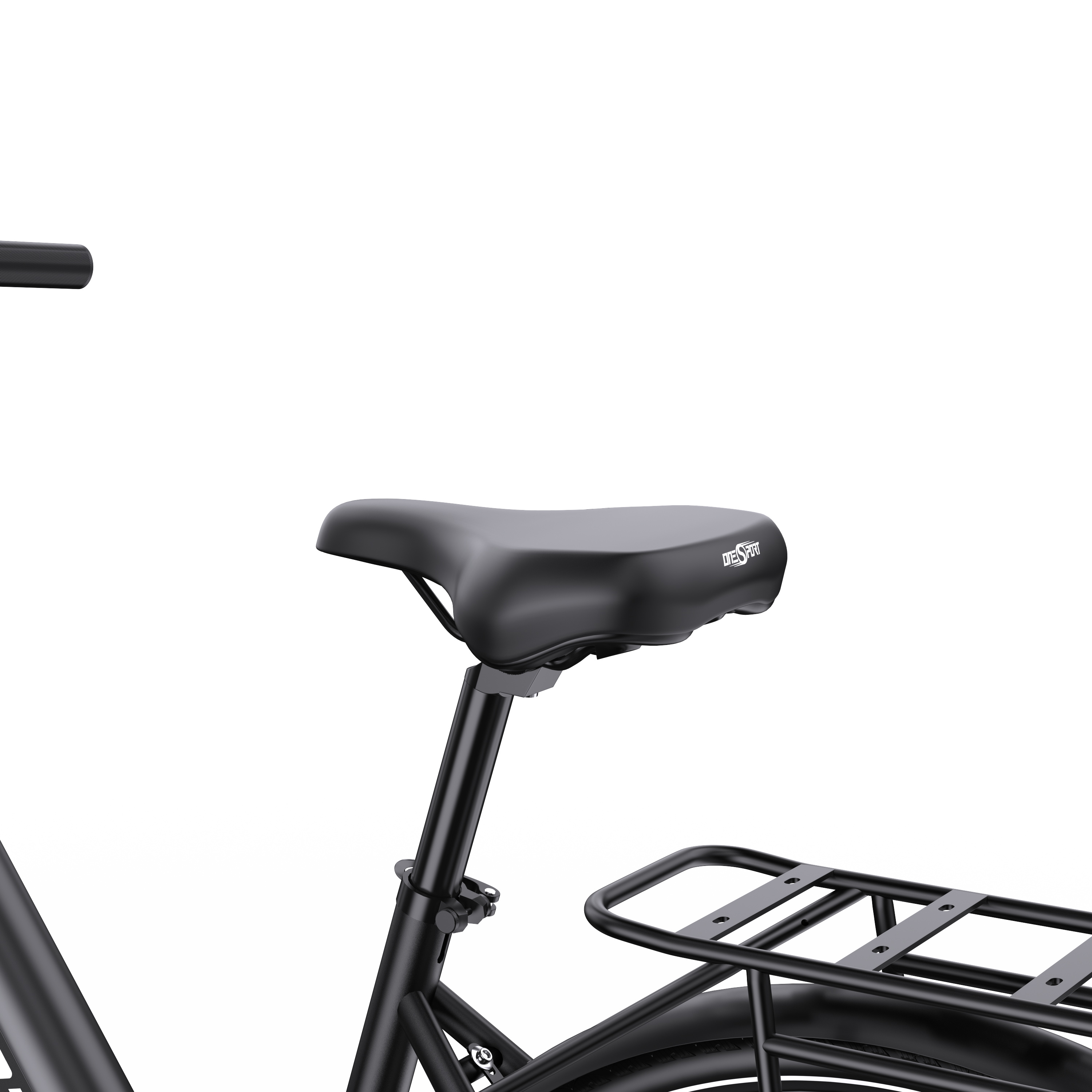 Sella, portapacchi e telaio bici neri su sfondo bianco.