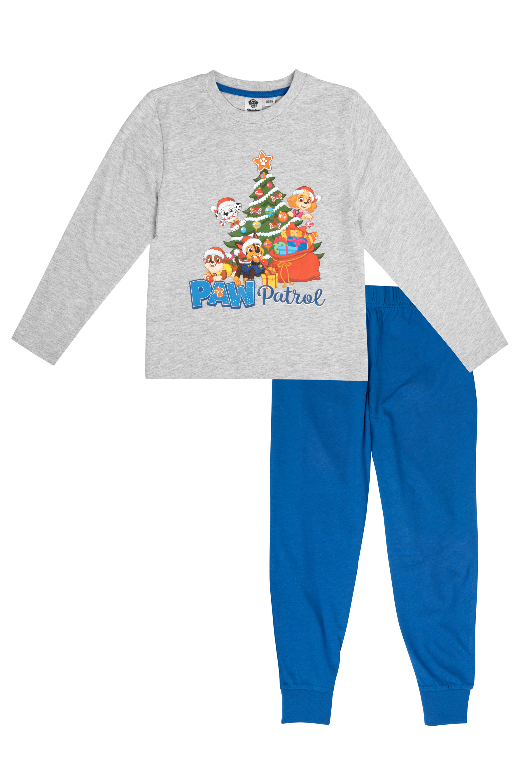 Graues PAW Patrol Pyjama-Set. Das Oberteil zeigt eine Weihnachtsszene mit den Welpen. Blaue Hose vervollständigt das Set.