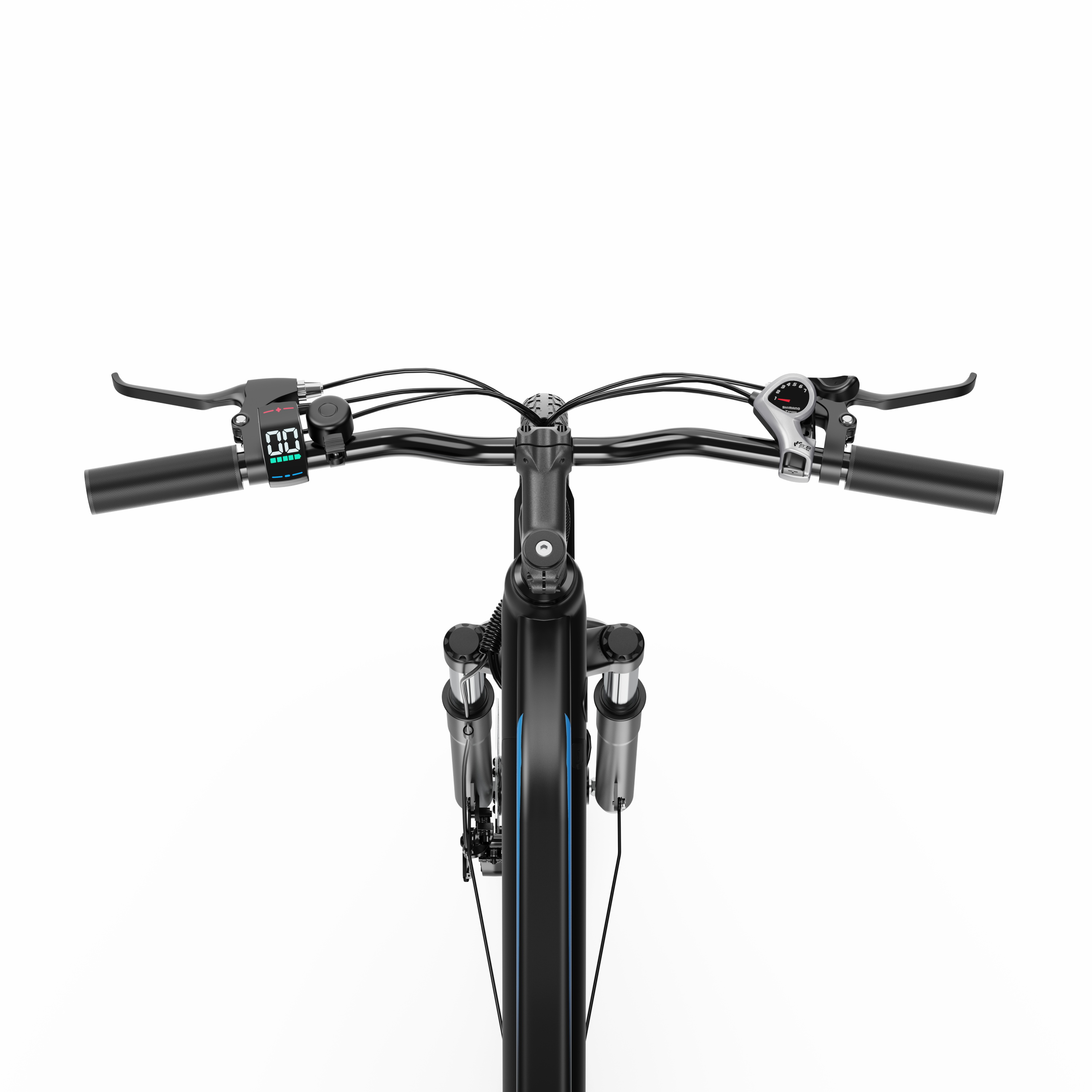 Nahaufnahme eines schwarzen E-Bike-Lenkers mit Hebeln, Display und Geschwindigkeitsregelung vor weißem Hintergrund.