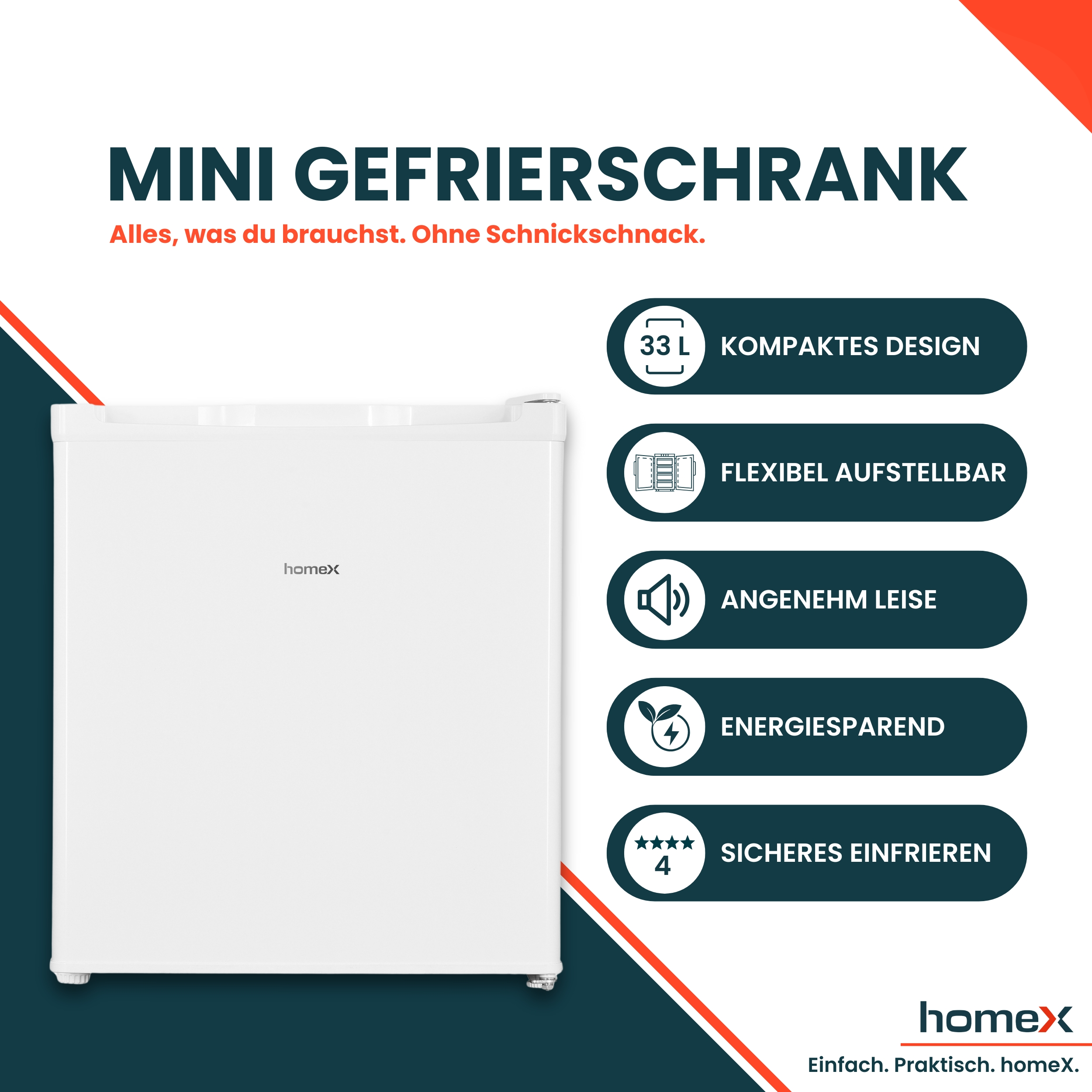 Weißer Mini-Gefrierschrank mit Produktmerkmalen. Er hat einen blauen und roten diagonalen Rand.