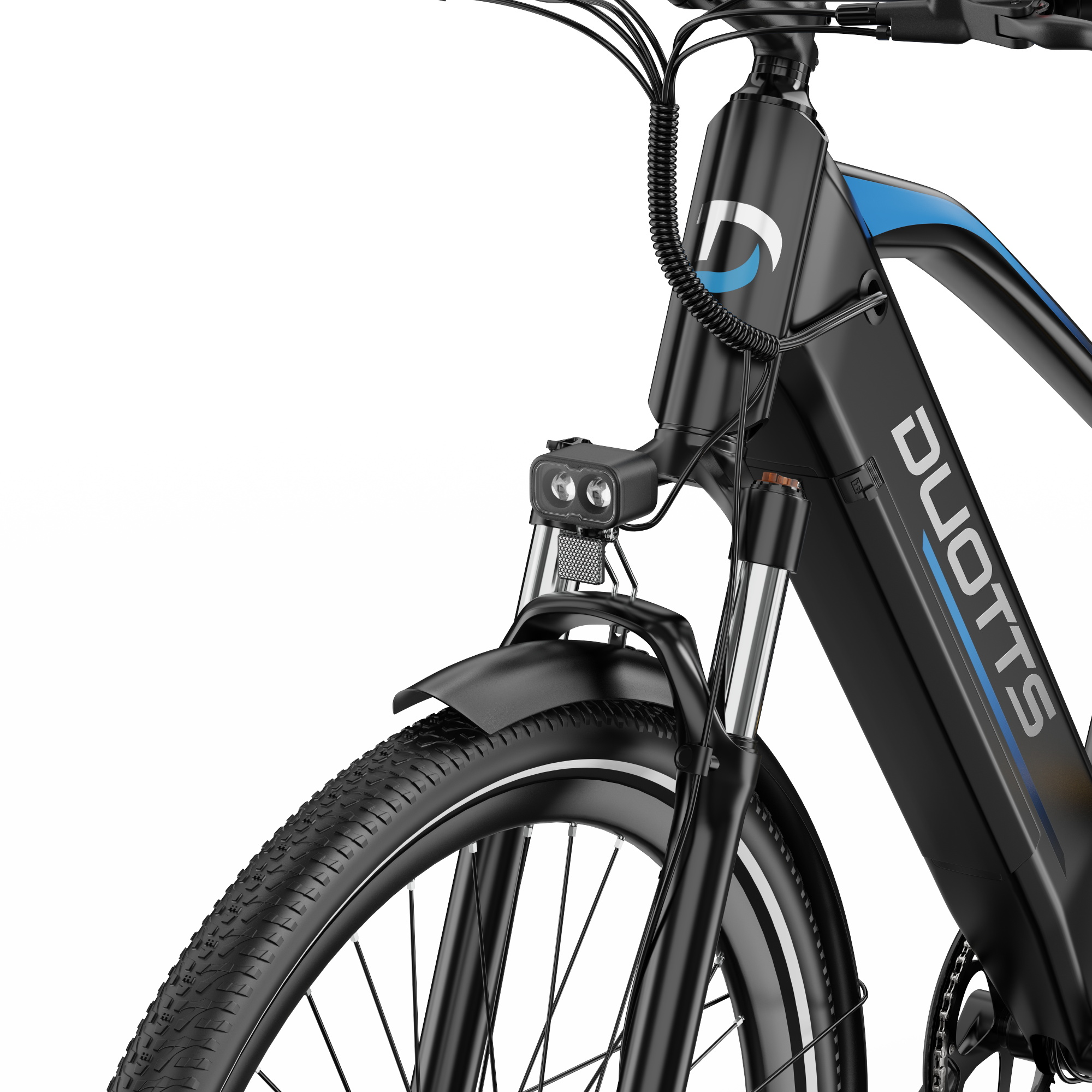 Nahaufnahme eines schwarzen Elektrofahrrads. Details umfassen Scheinwerfer, Vorderreifen, das DUOTTS-Logo und blaue Akzente.
