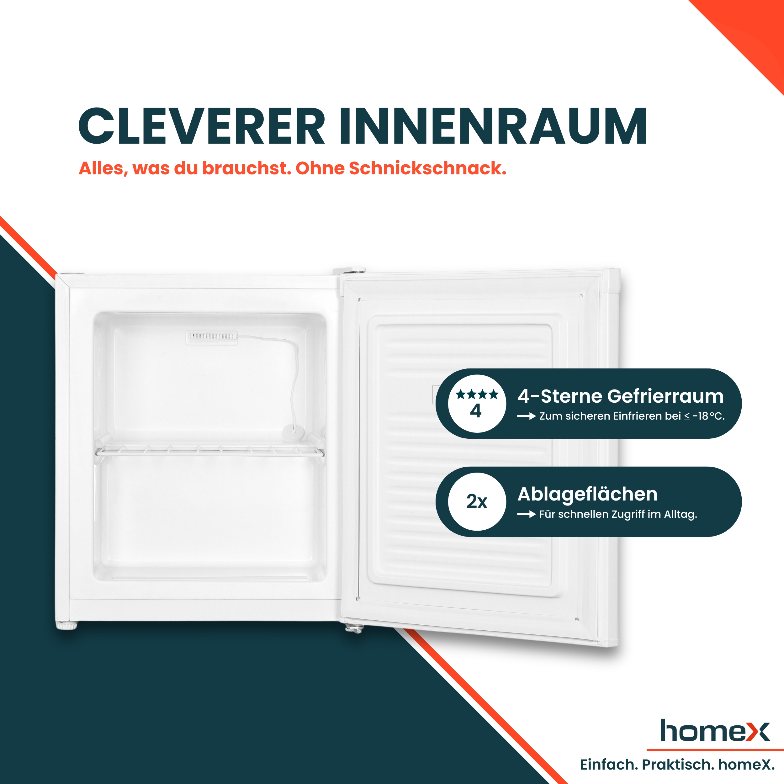 Ein weißer Mini-Kühlschrank mit offener Tür, der Regale zeigt. Text lautet 'Cleverer Innenraum' und '4-Sterne-Gefrierraum'.
