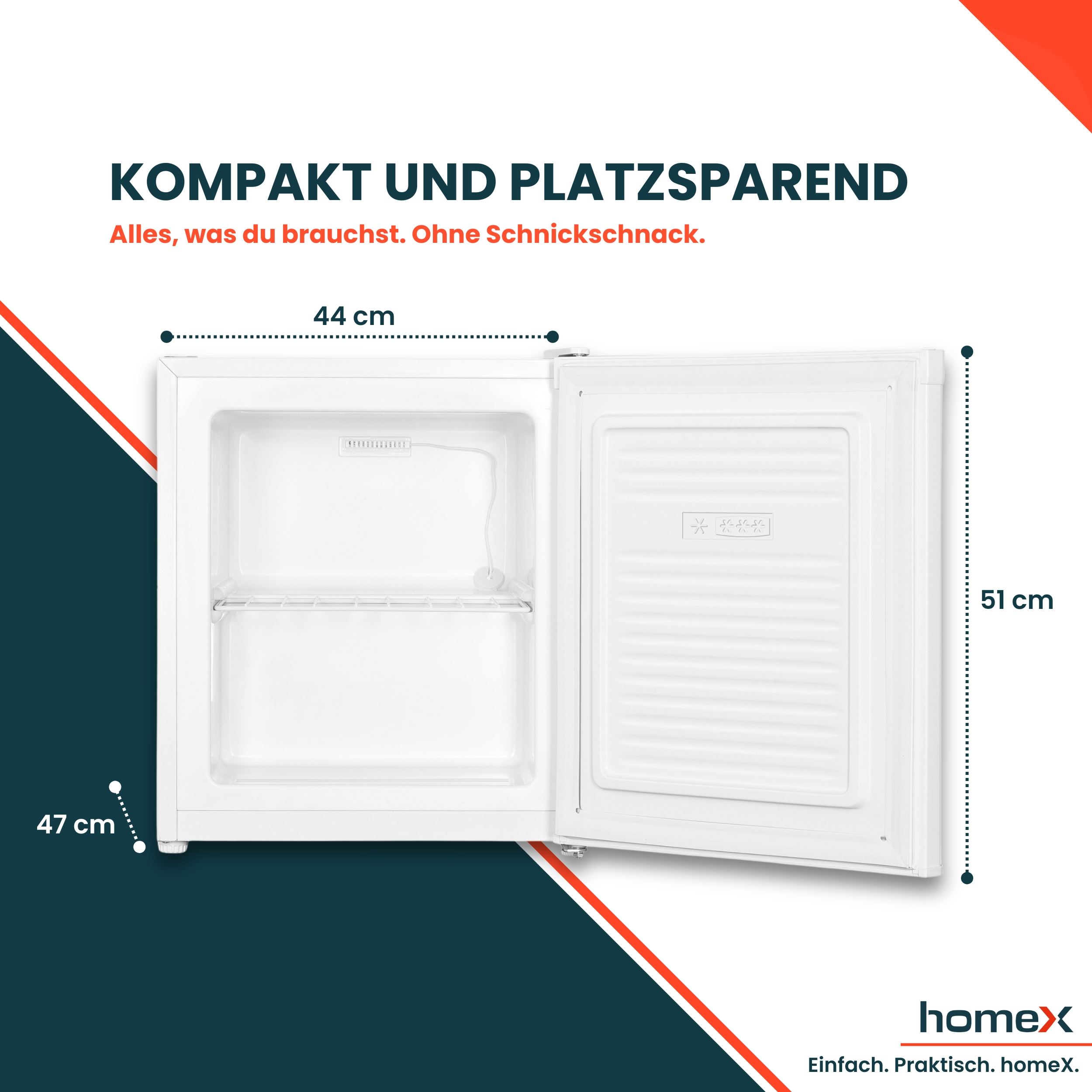 Ein weißer Mini-Kühlschrank ist geöffnet. Die Abmessungen sind angegeben. Text: Kompakt und platzsparend. HomeX-Logo unten.