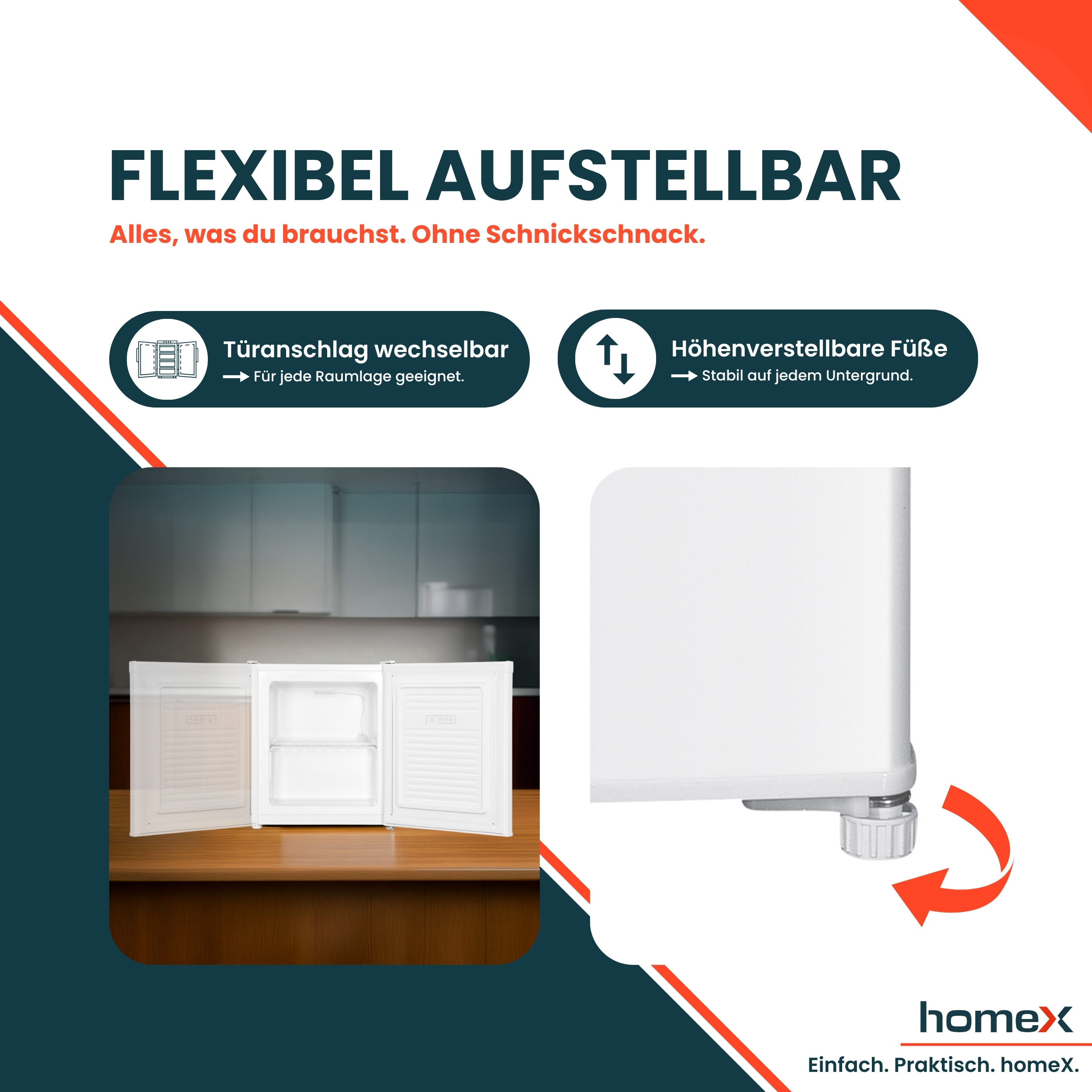 Ein weißer Minikühlschrank mit offenen Türen auf einem Holztisch. Text in Deutsch.
