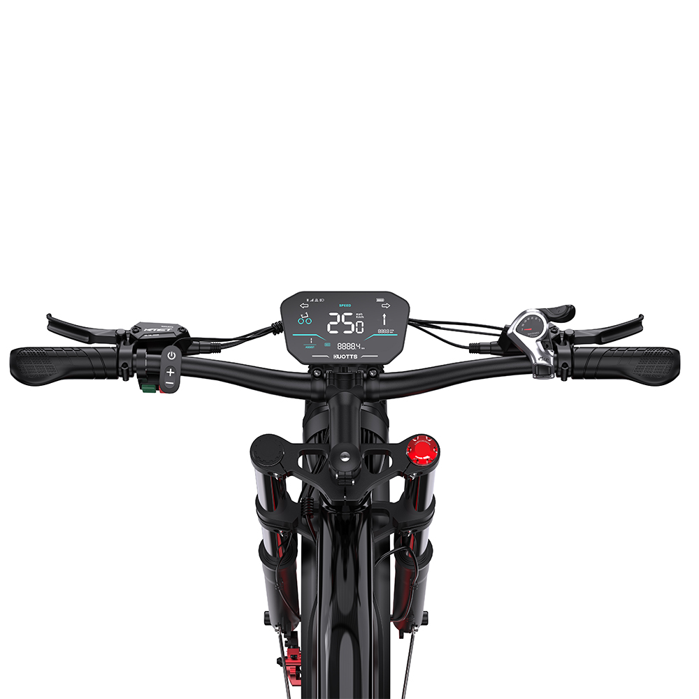 Nahaufnahme eines E-Bike-Lenkers. Das Display zeigt Geschwindigkeit und andere Informationen an. Schwarzer Lenker mit Bedienelementen auf jeder Seite.