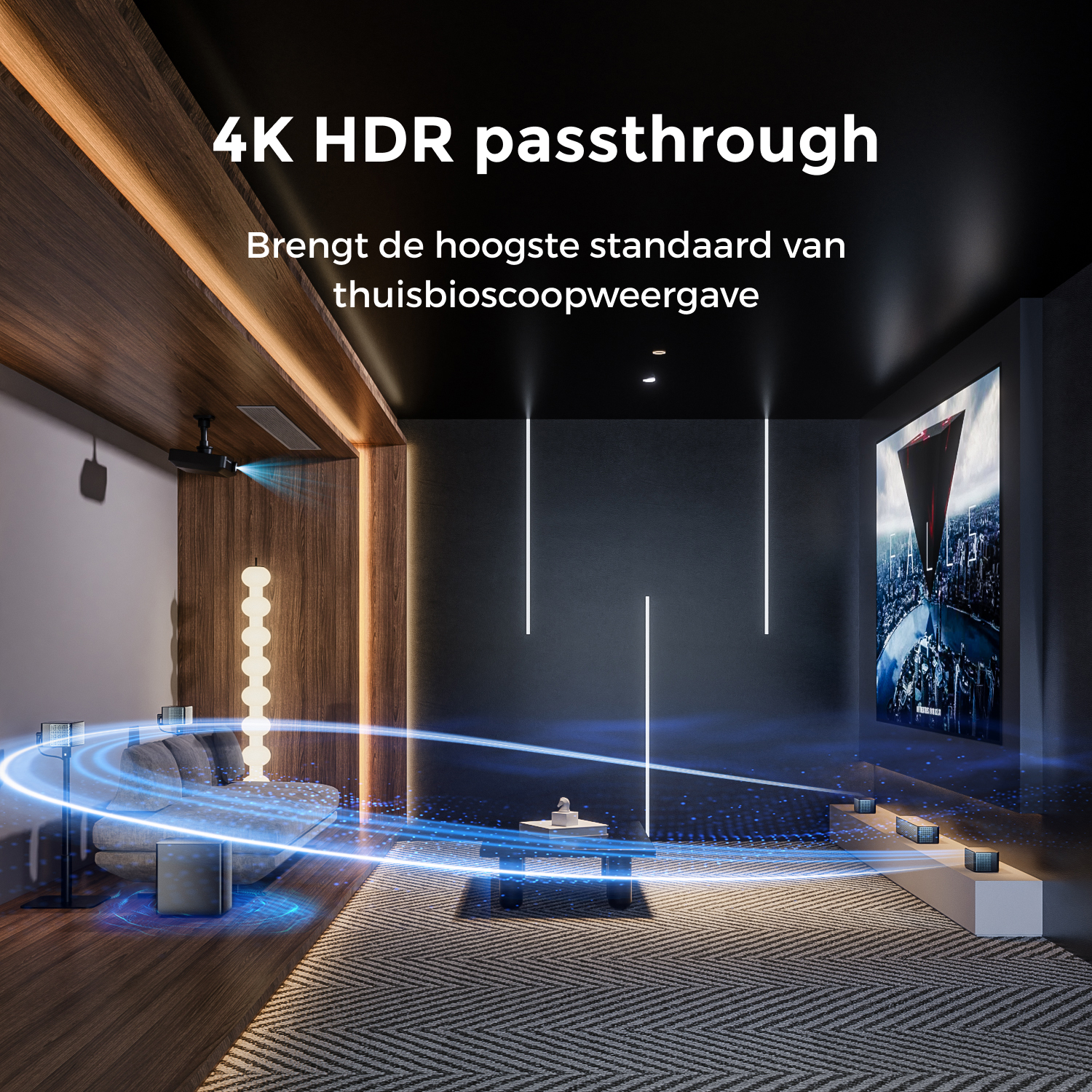 Een moderne thuisbioscoop met groot scherm, bank en projector. Blauwe lichteffecten benadrukken het geluidssysteem.