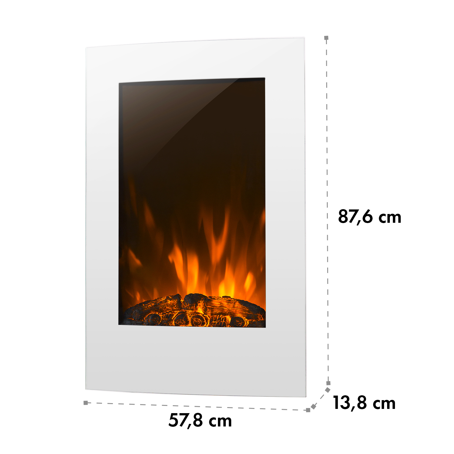 Elektrischer Kamin mit weißem Rahmen. Flammen im Inneren, Abmessungen 87,6x57,8x13,8 cm. Ein Holzscheit befindet sich unten, Flammen in der Mitte.