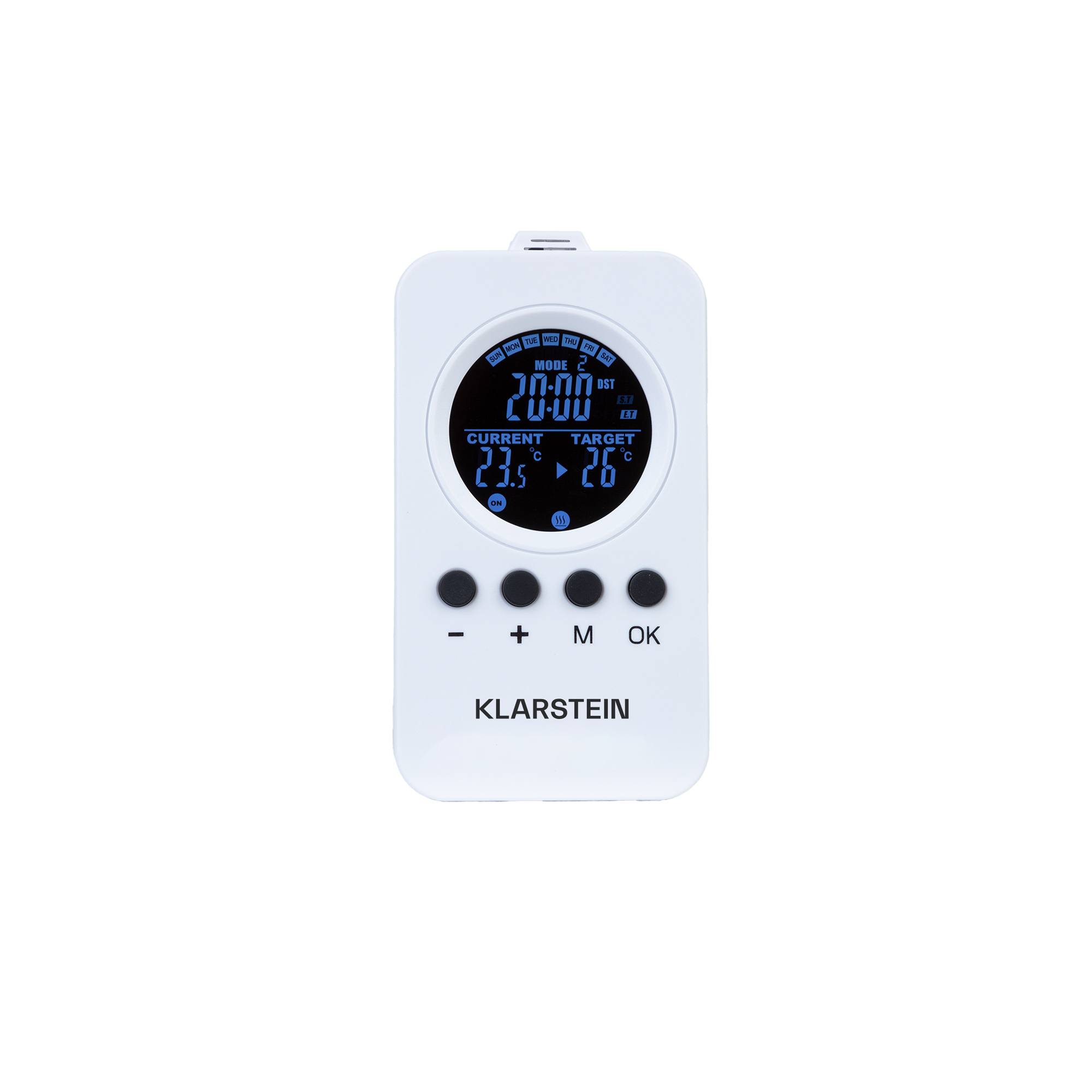 Ein weißes Klarstein-Thermostat mit Digitalanzeige, die Zeit, aktuelle und Zieltemperaturen sowie Tasten anzeigt.