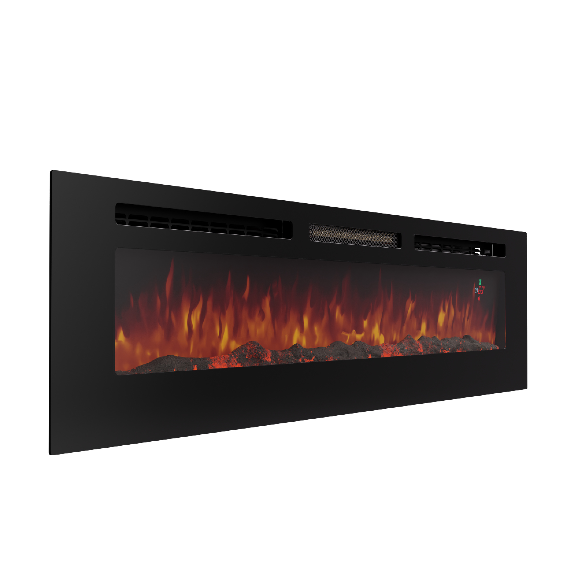 Ein moderner schwarzer Elektrokamin mit Flammen, glühenden Glut und einem Digitaldisplay.