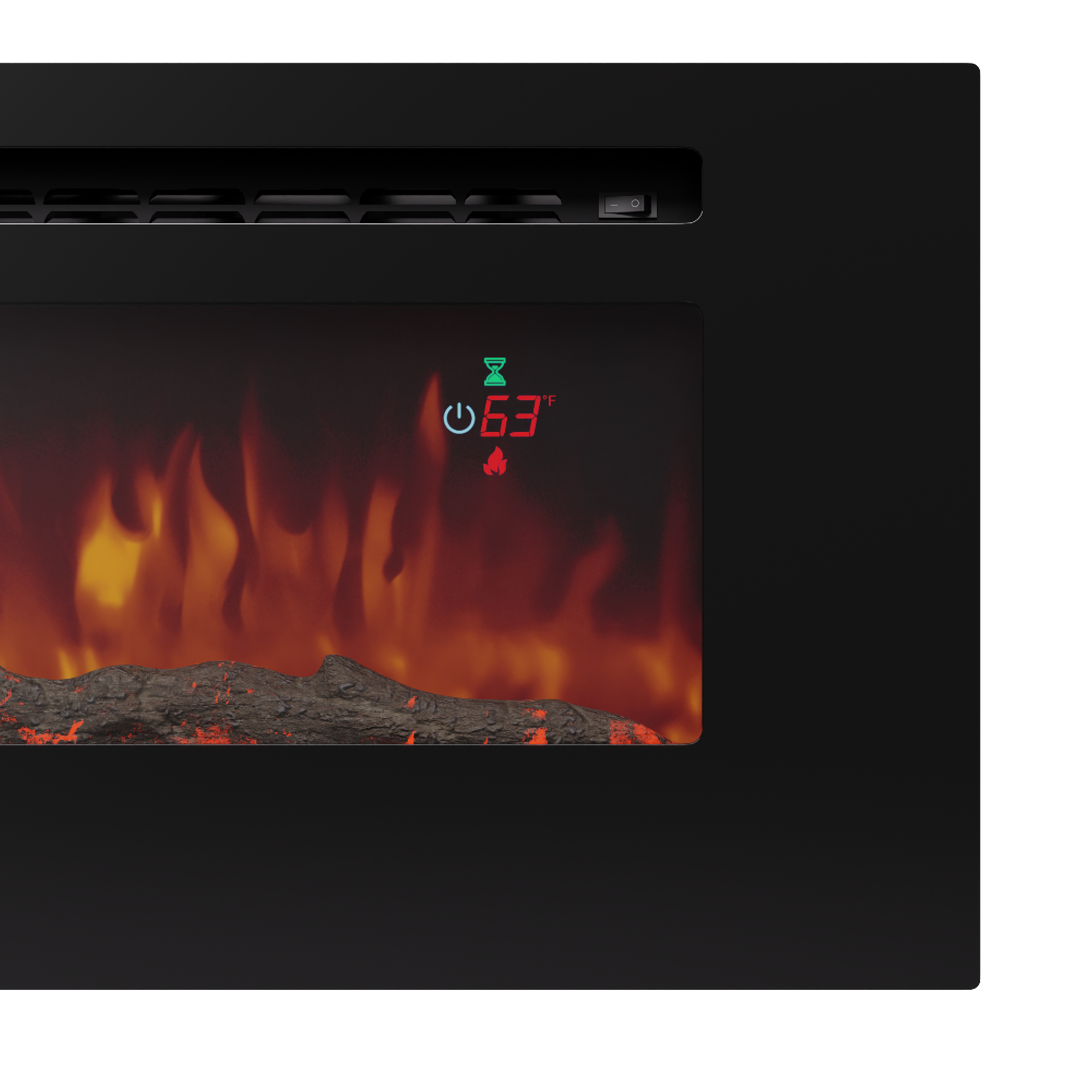 Schwarzer elektrischer Kamin mit Flammen und digitaler Anzeige mit 63 Grad. Oben befindet sich ein Ein-/Ausschalter.