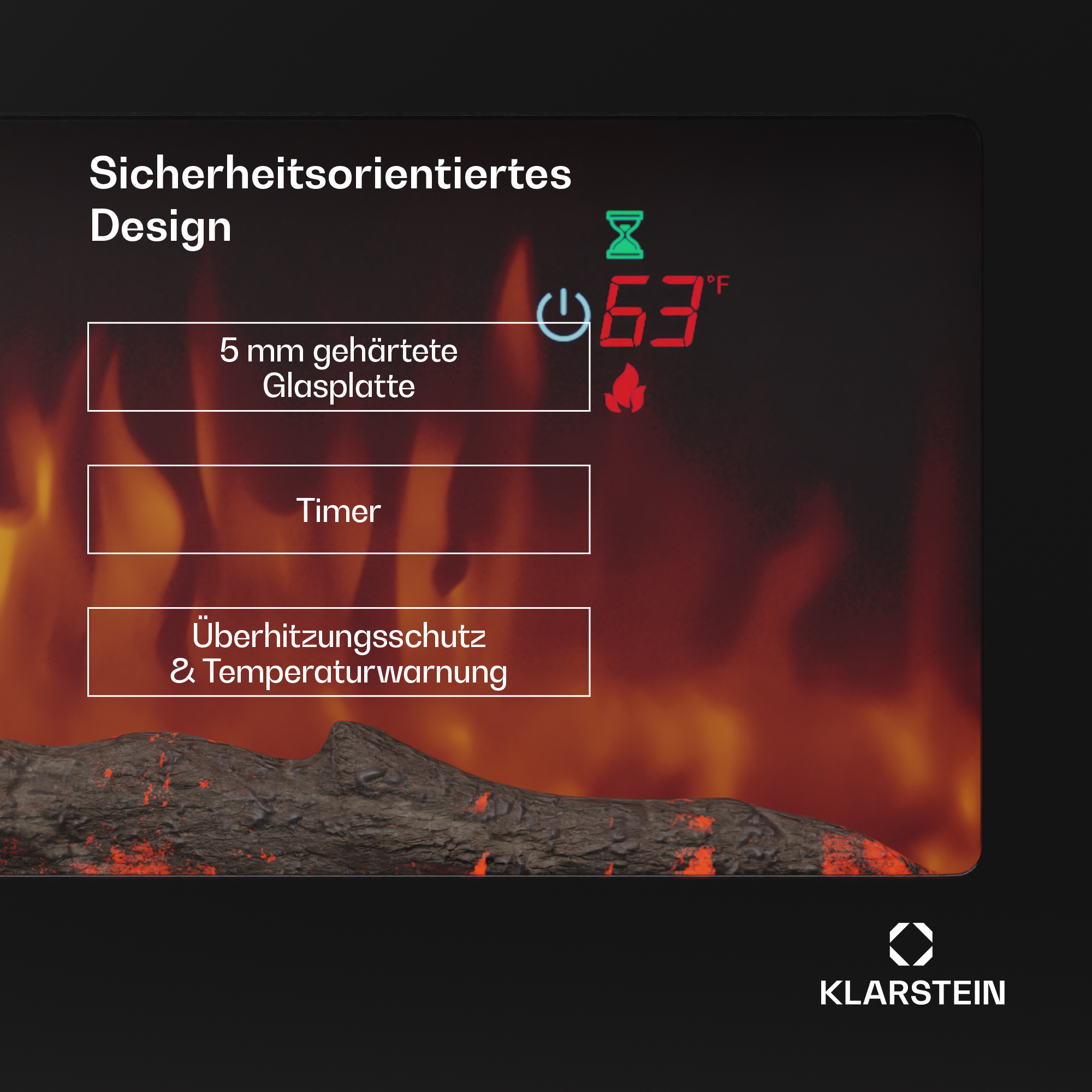 Elektrischer Kamin. Zeigt Timer, Temperatur und Sicherheitsmerkmale. Mit Feuer-Effekt und Klarstein-Logo.