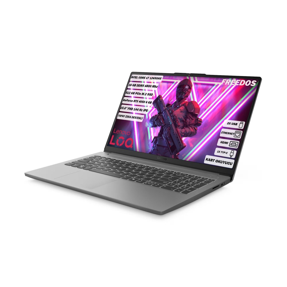 Ekranda özellikleri gösteren bir Lenovo LOQ dizüstü bilgisayar görüntüleniyor. Bir klavye, bağlantı noktaları ve oyun grafikleri içerir.