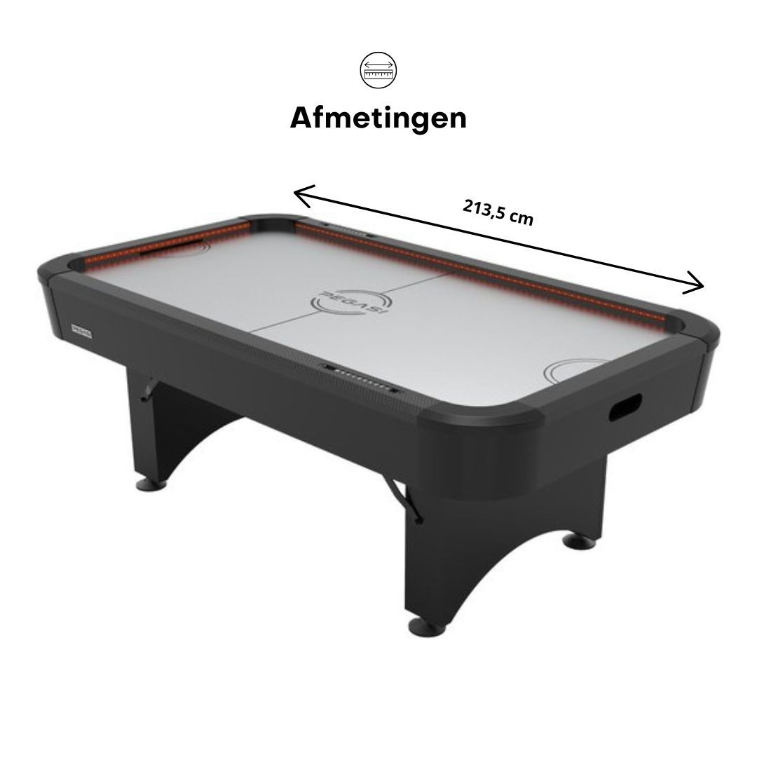 Een zwarte airhockeytafel met een licht oppervlak wordt getoond. Het heeft poten en een dimensiepijl die 213,5 cm aangeeft.