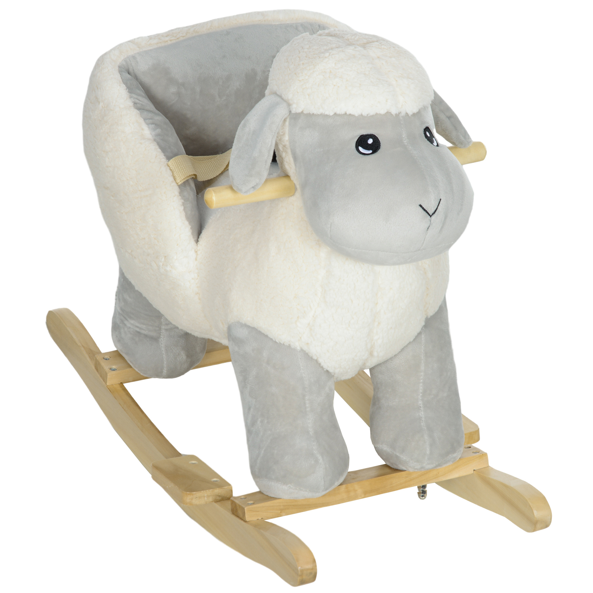 Un giocattolo a dondolo a forma di pecora bianca e grigia su una base di legno. Ha un sedile e maniglie in legno.