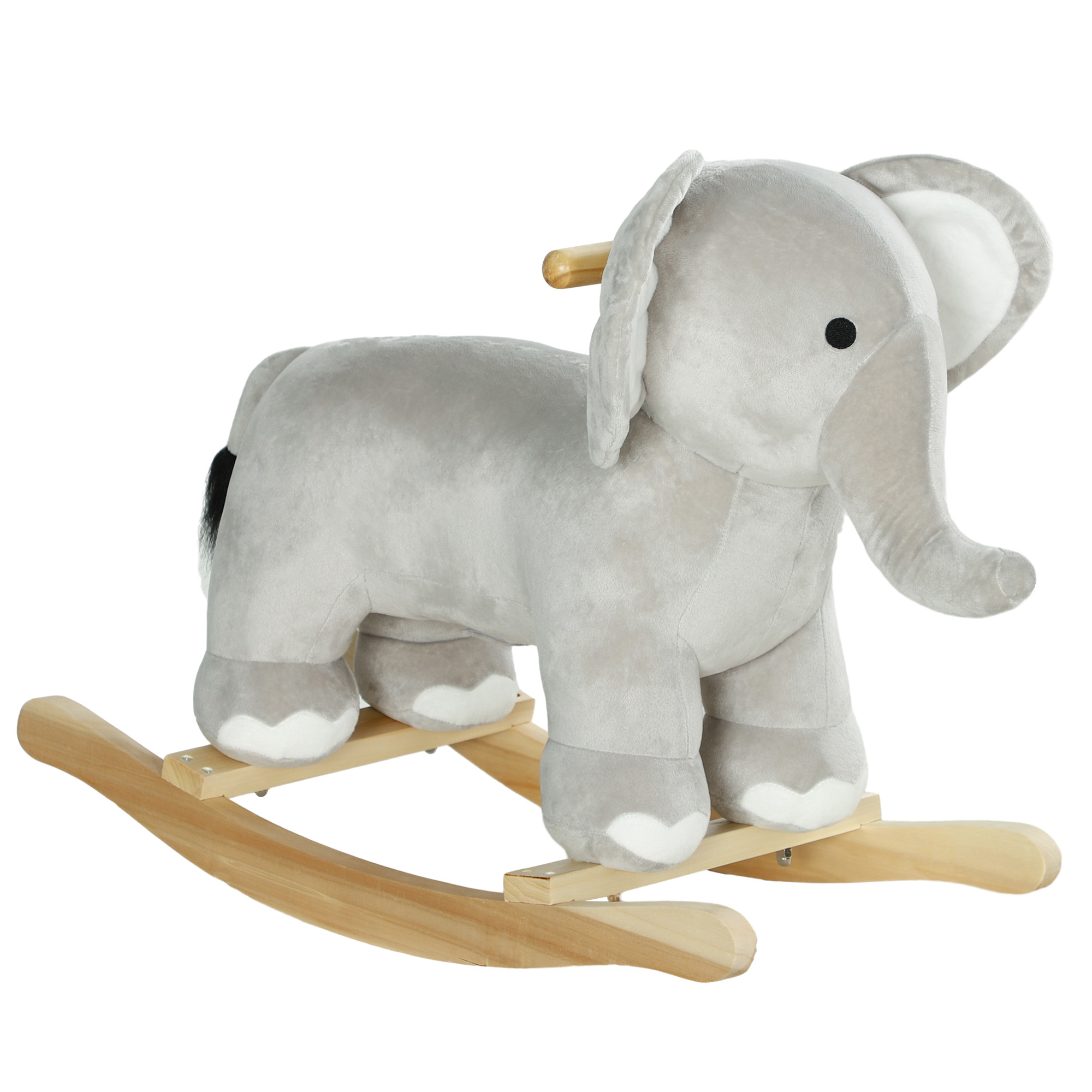 Un giocattolo a dondolo a forma di elefante di peluche grigio con base in legno, su sfondo bianco.