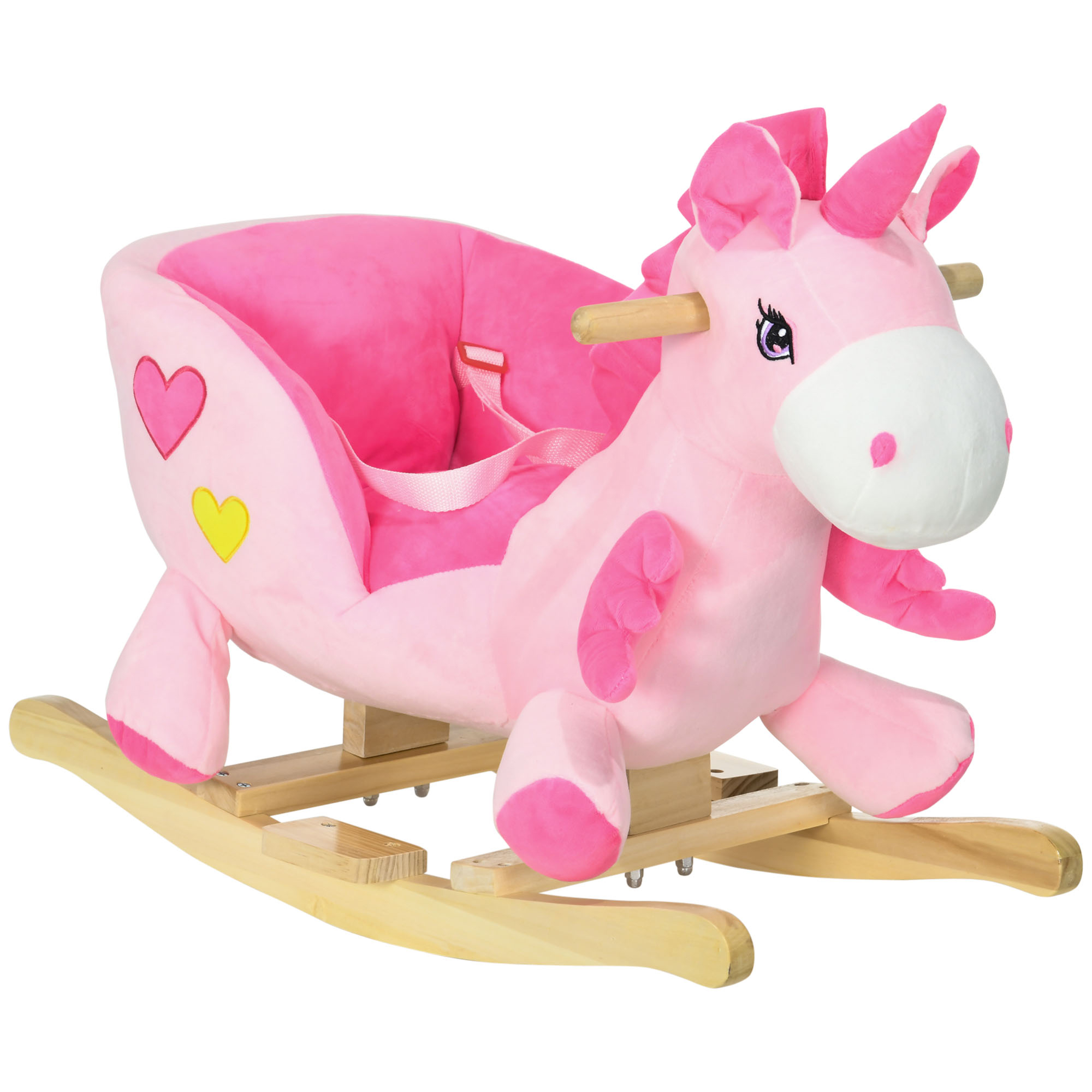 Un cavallo a dondolo a forma di unicorno rosa. Ha un corpo rosa, dondoli in legno e due cuori sul lato. Isolato su bianco.