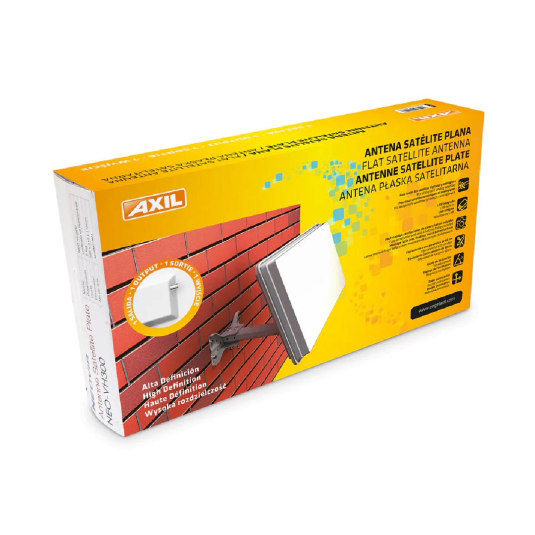 Una caja con una antena parabólica. La caja es amarilla y naranja, con texto y gráficos. La antena está montada en una pared de ladrillo.