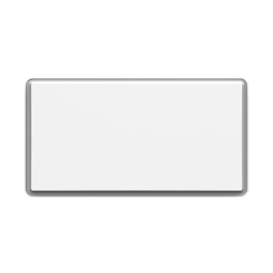 Un objeto rectangular blanco con un borde plateado. Es un diseño limpio y minimalista sobre un fondo blanco.