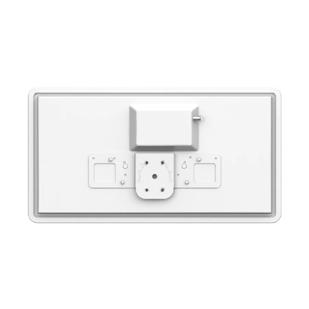 Un dispositivo rectangular blanco con un soporte de montaje central y dos soportes laterales. Una pequeña caja y un conector en la parte superior.