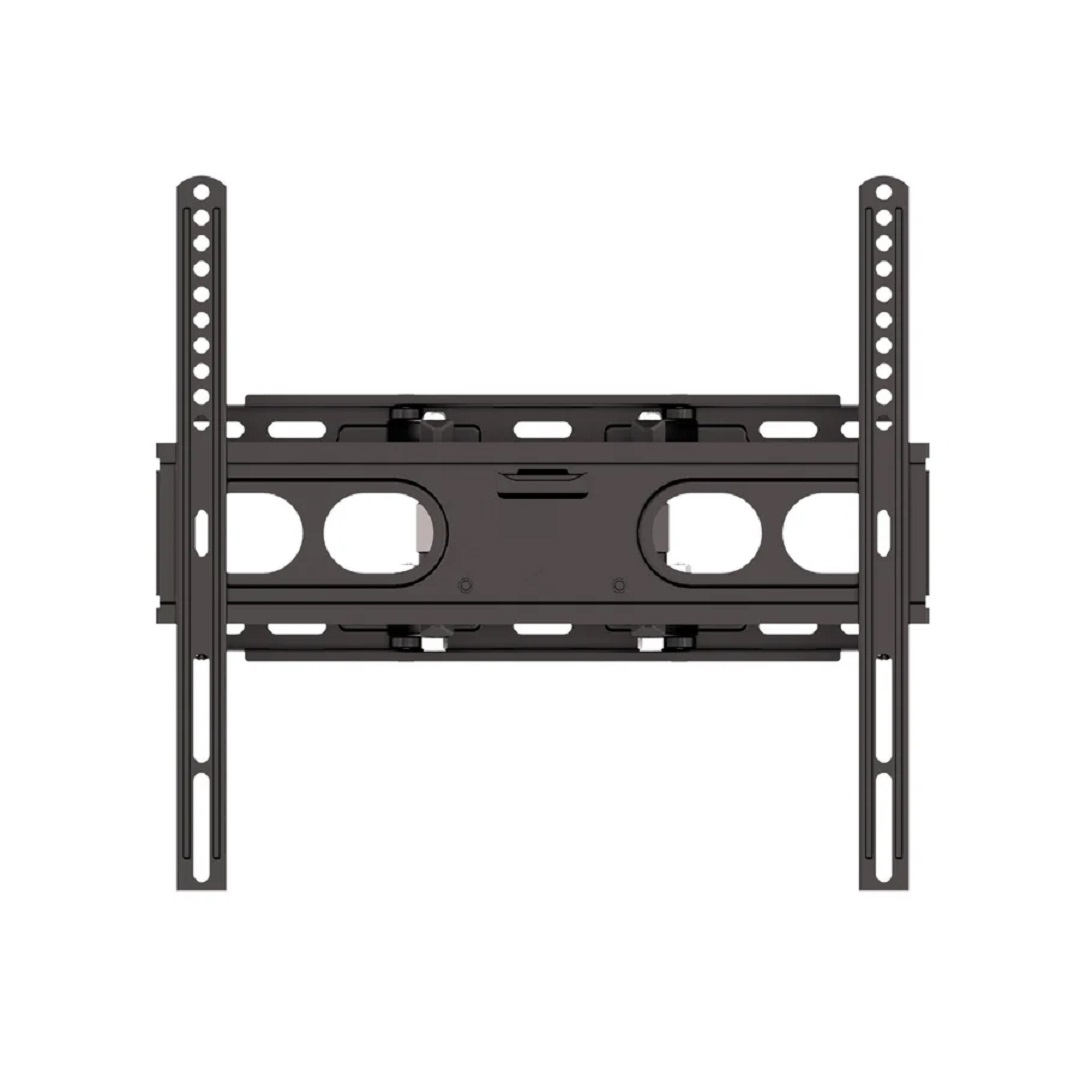 Un soporte de pared para TV gris oscuro, con dos rieles verticales y un soporte horizontal con varios agujeros y ranuras.