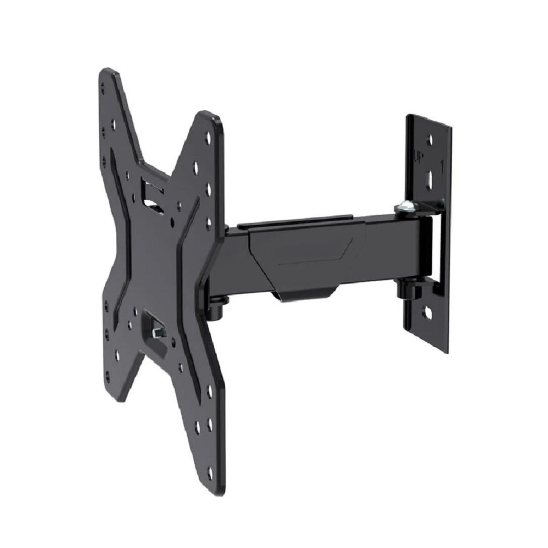 Un soporte de pared para TV negro y articulado. Tiene múltiples orificios para el montaje y se muestra sobre un fondo blanco.