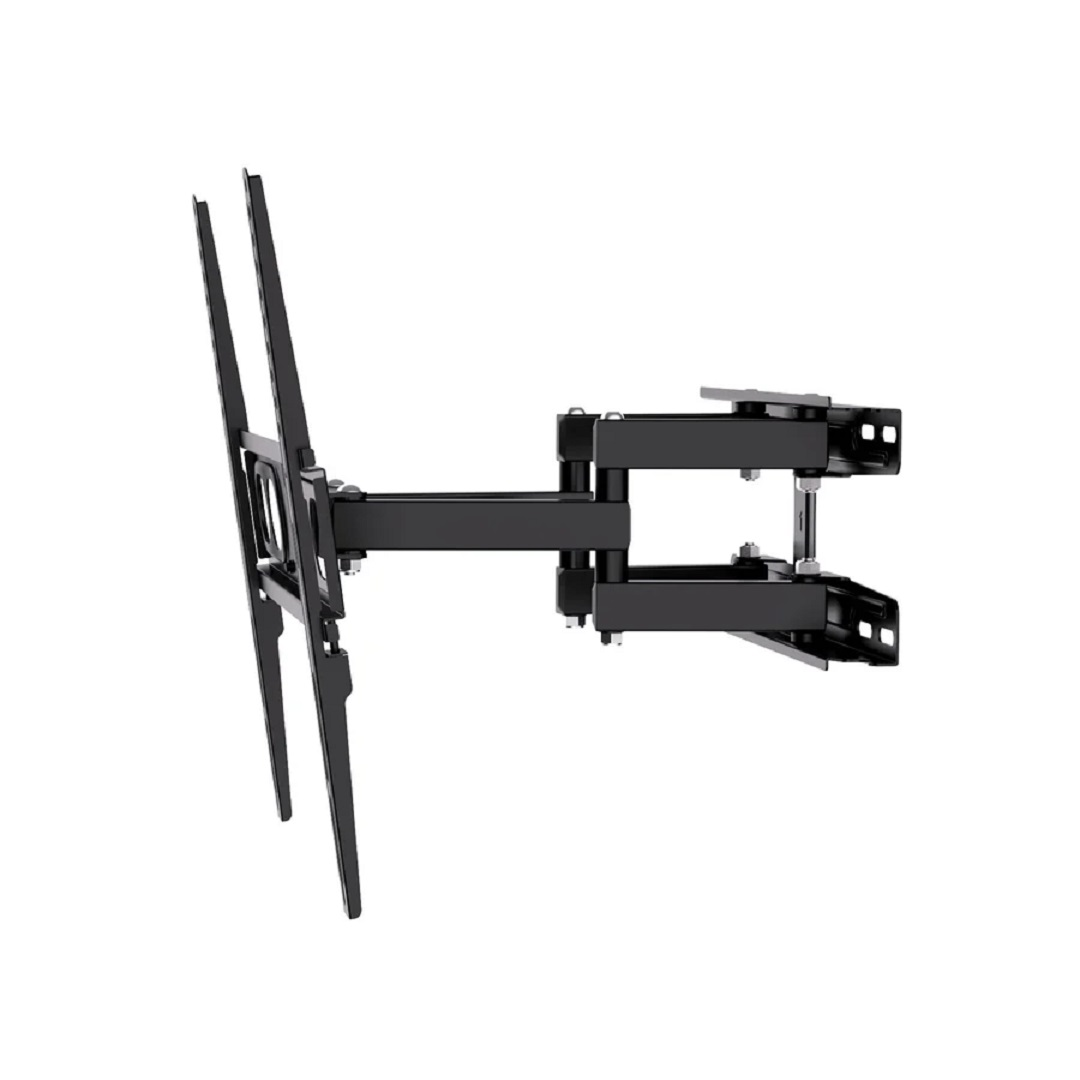 Un soporte de pared para TV negro, con brazos articulados, se muestra sobre un fondo blanco.