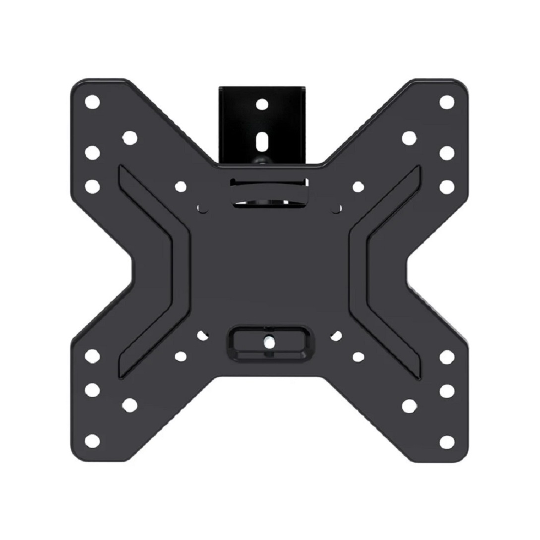 Un soporte de TV negro en forma de X con múltiples orificios para tornillos y una sección rectangular central. Está diseñado para montaje en pared.