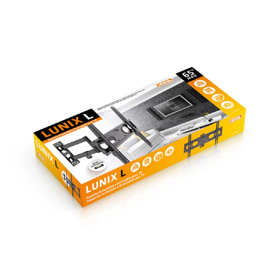Una caja del kit de montaje en pared para TV Lunix L, vista en ángulo. La caja es amarilla y negra. El kit es negro.
