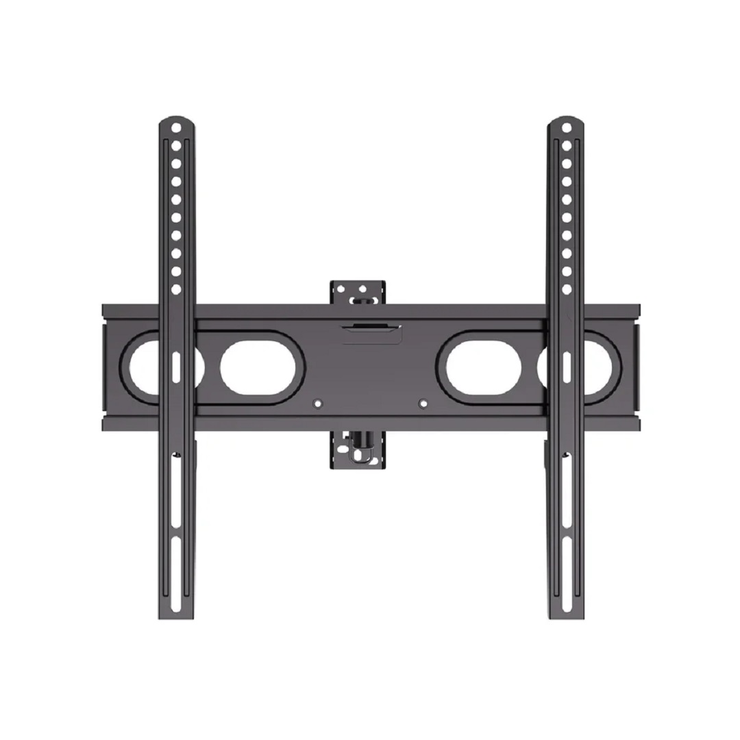 Un soporte de pared para TV gris oscuro. Tiene dos barras verticales con agujeros y una barra horizontal con agujeros ovalados grandes.