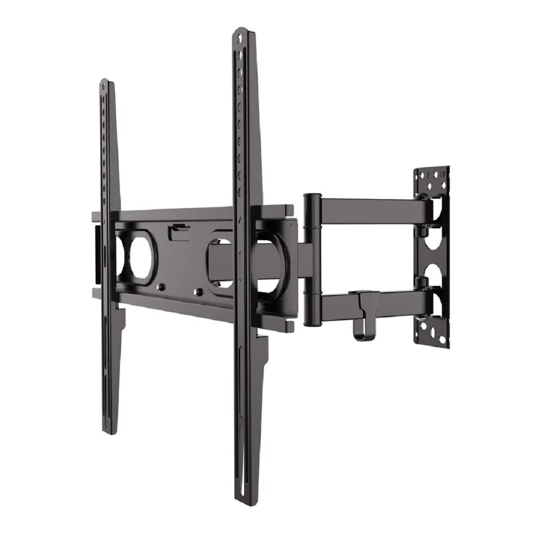 Un soporte de pared para TV negro. Tiene varios brazos articulados y una placa de montaje para fijar a la pared. Está sobre un fondo blanco.
