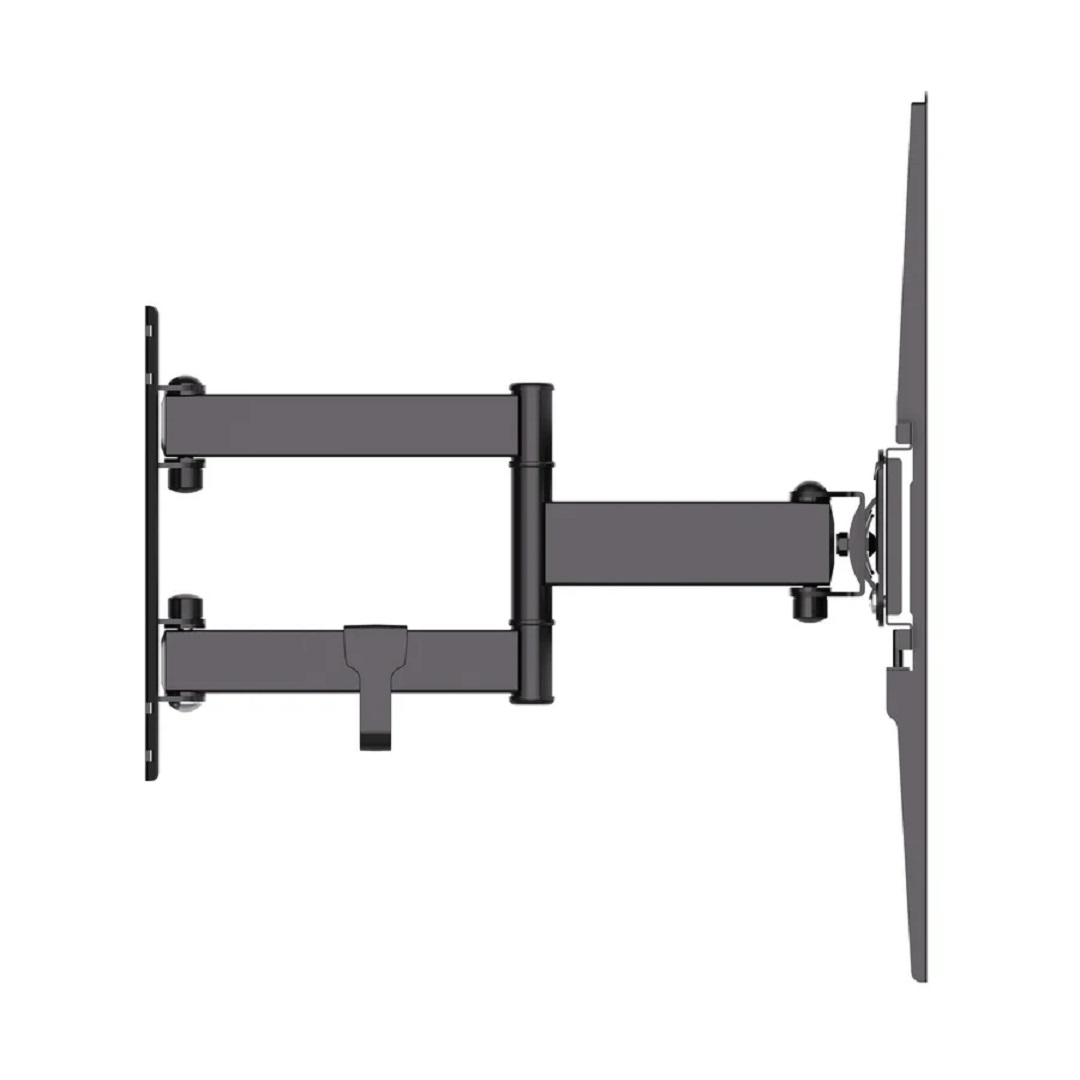 Soporte de pared para TV gris oscuro, con pantalla plana a la derecha. El soporte tiene múltiples articulaciones y soportes.