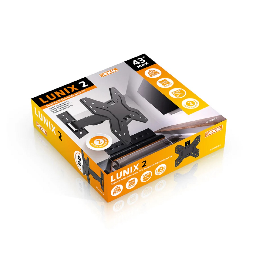 Una caja con un soporte de TV negro dentro. La caja es amarilla y negra con la marca 'LUNIX 2'.
