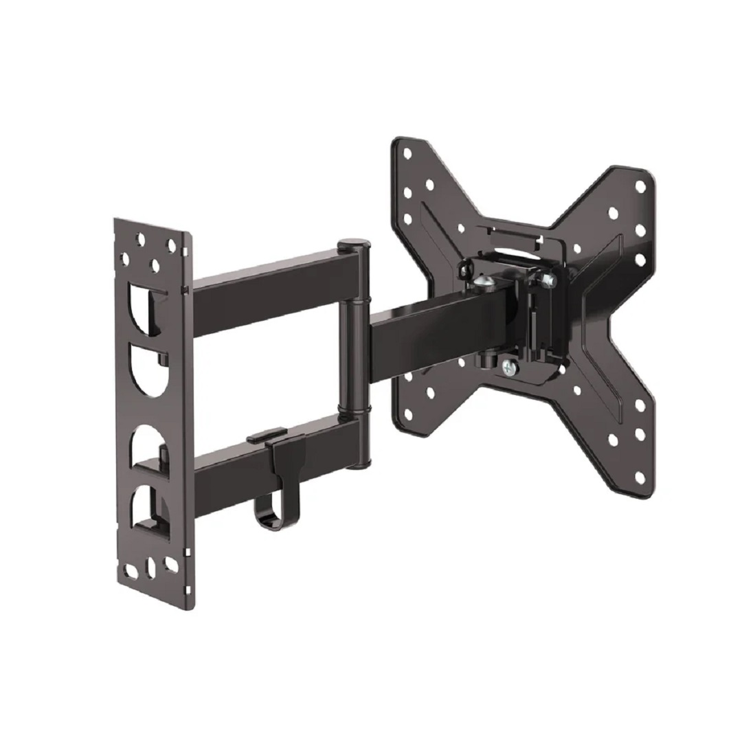 Un soporte de pared para TV negro y articulado. Tiene varias articulaciones y un soporte para fijar a un televisor. Se ven tornillos y agujeros.