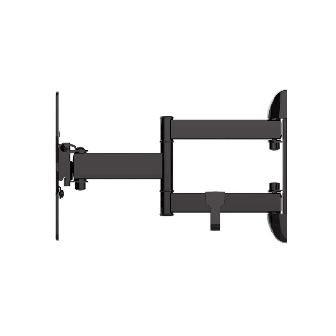 Un soporte de pared para TV negro y articulado, sobre un fondo blanco. Consta de varios brazos conectados.