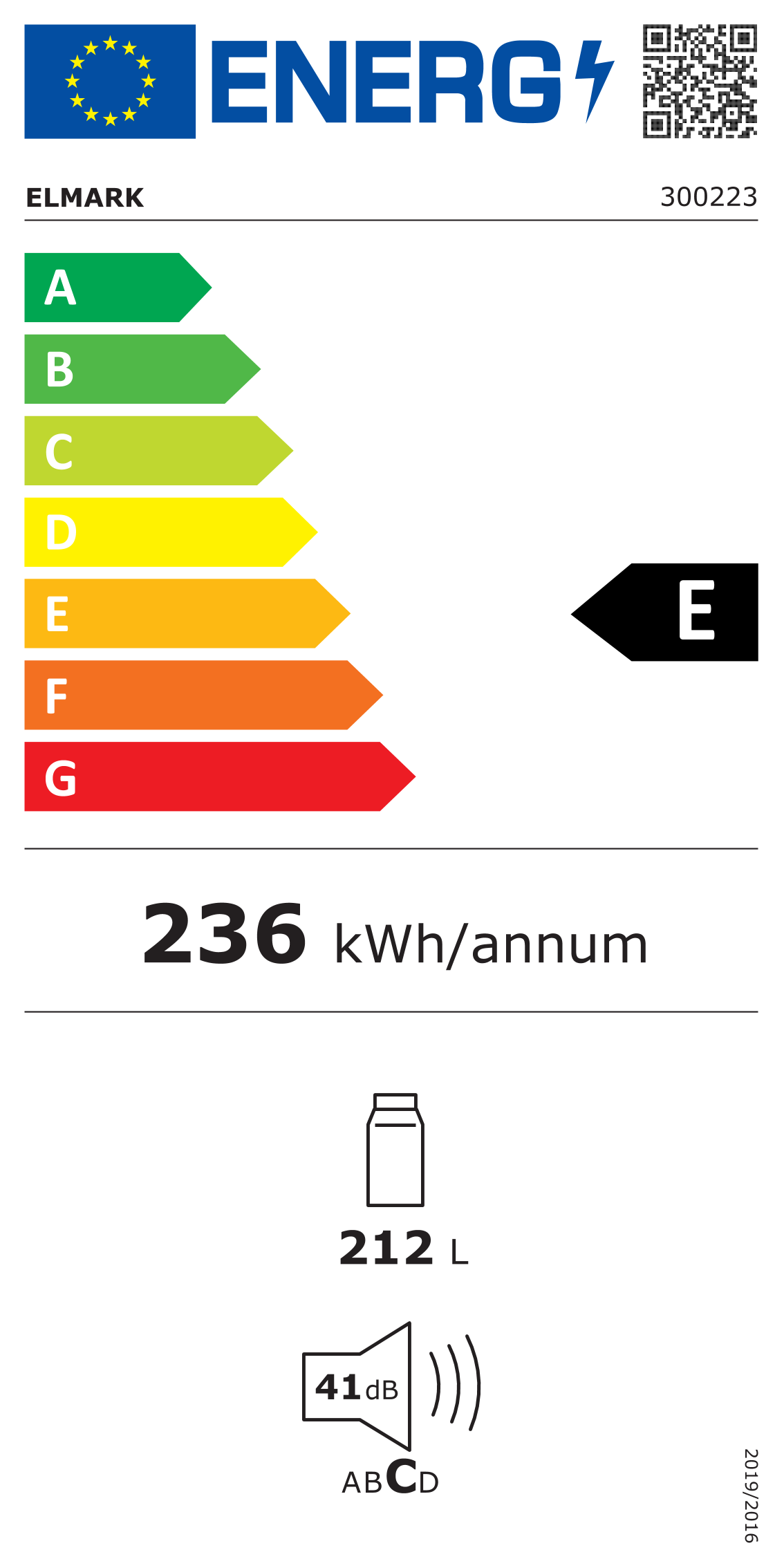 Etichetta energetica con classe E, consumo di 236 kWh/anno, capacità di 212L e livello di rumore di 41dB.