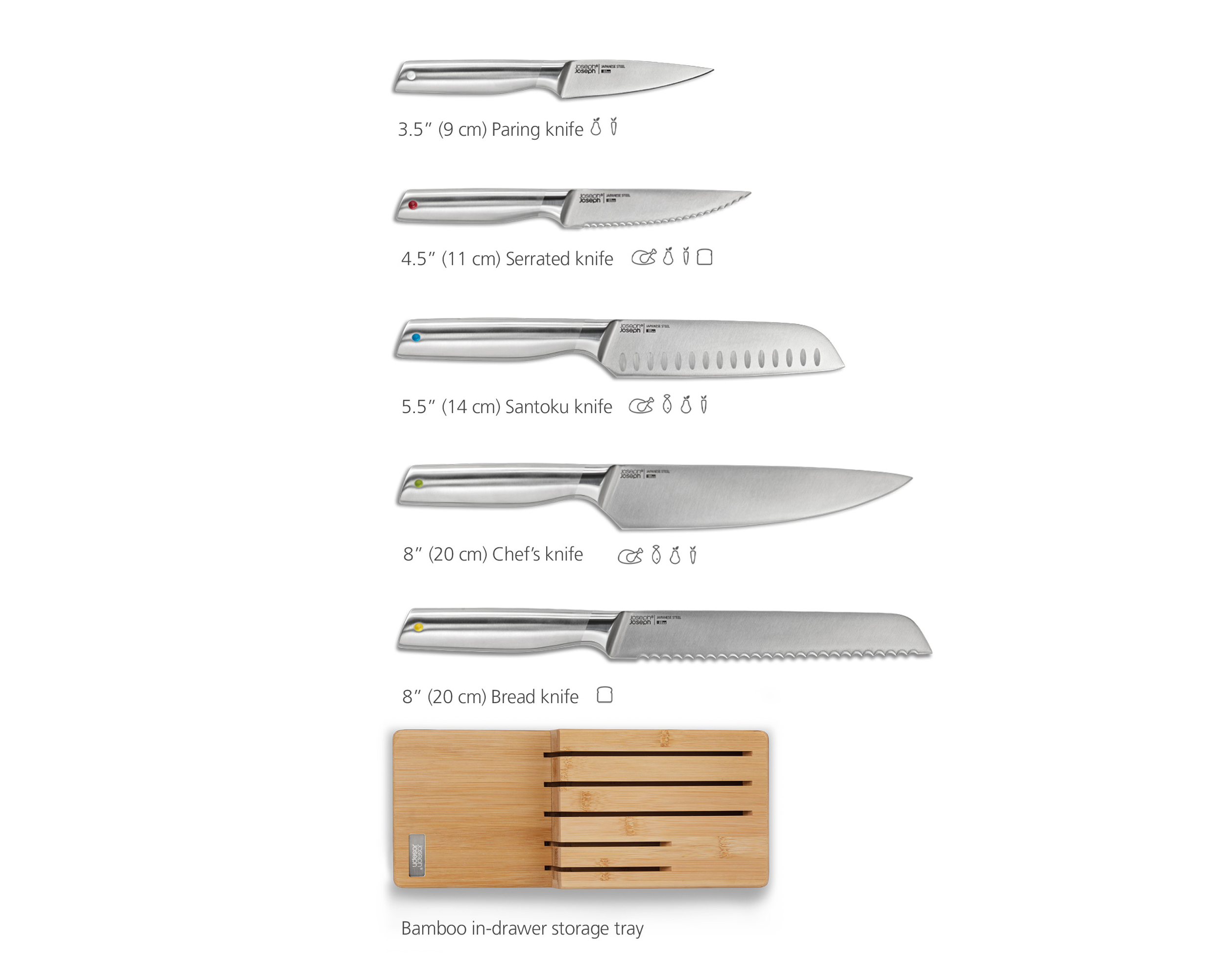Juego de cuchillos de cocina y bandeja de almacenamiento de bambú. Cuchillos: pelar, serrar, santoku, chef y pan.