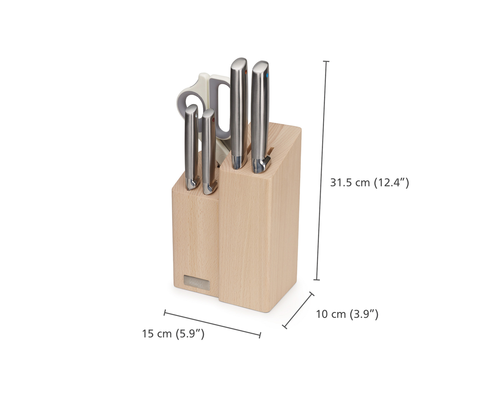 Un bloque de cuchillos de madera con cinco cuchillos y tijeras. Dimensiones: 15 cm x 10 cm x 31,5 cm.