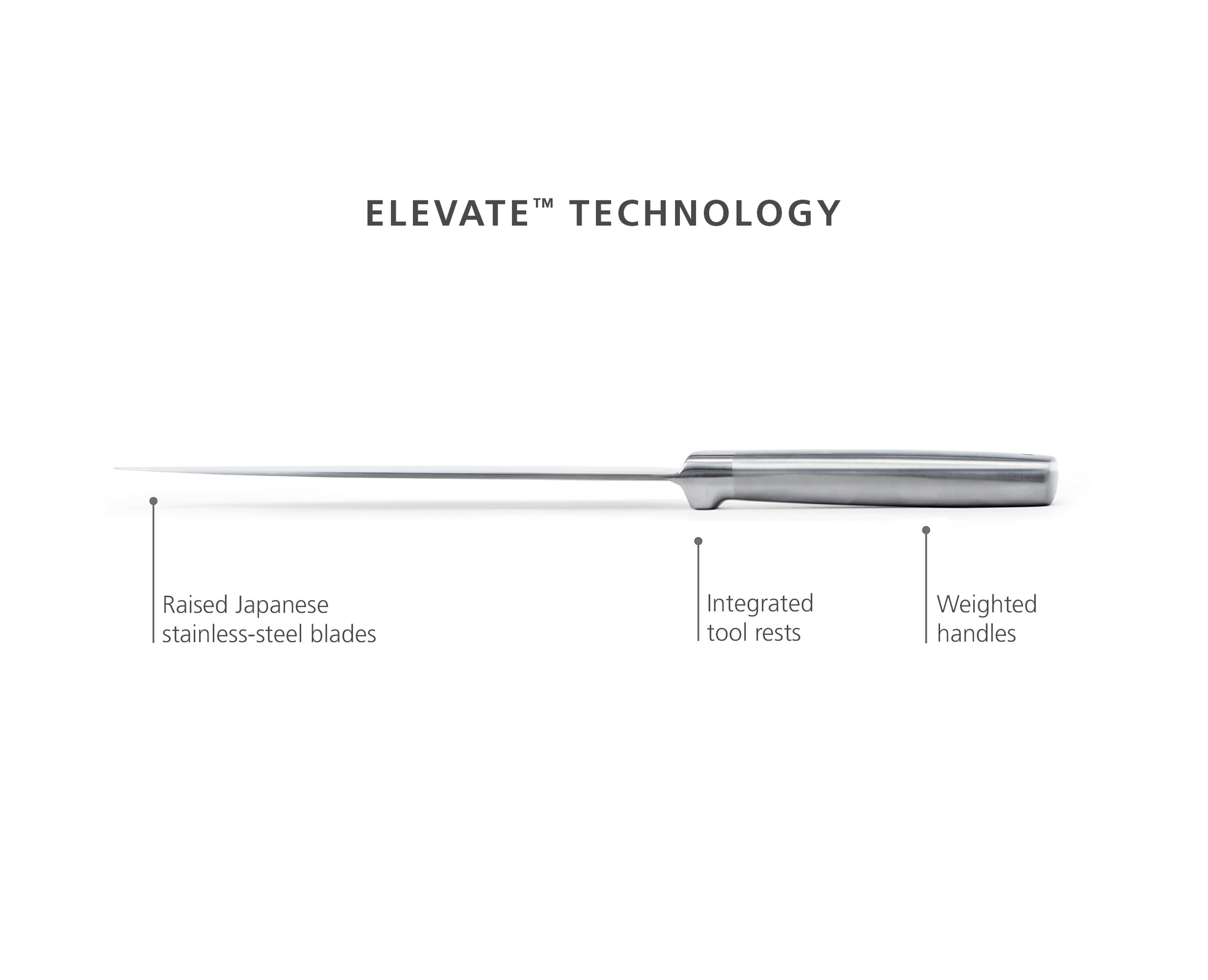 Un cuchillo con hoja y mango plateados. Tiene cuchillas elevadas, apoyos y mangos pesados. El texto dice Elevate Technology.