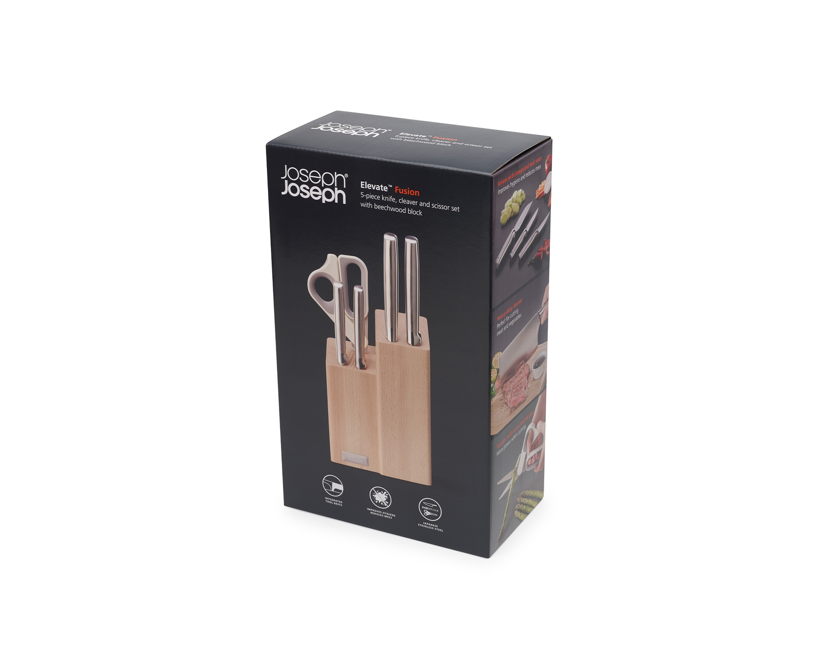 Una caja de cuchillos y tijeras de cocina Joseph Joseph. La caja es negra con una imagen de las herramientas en su interior.