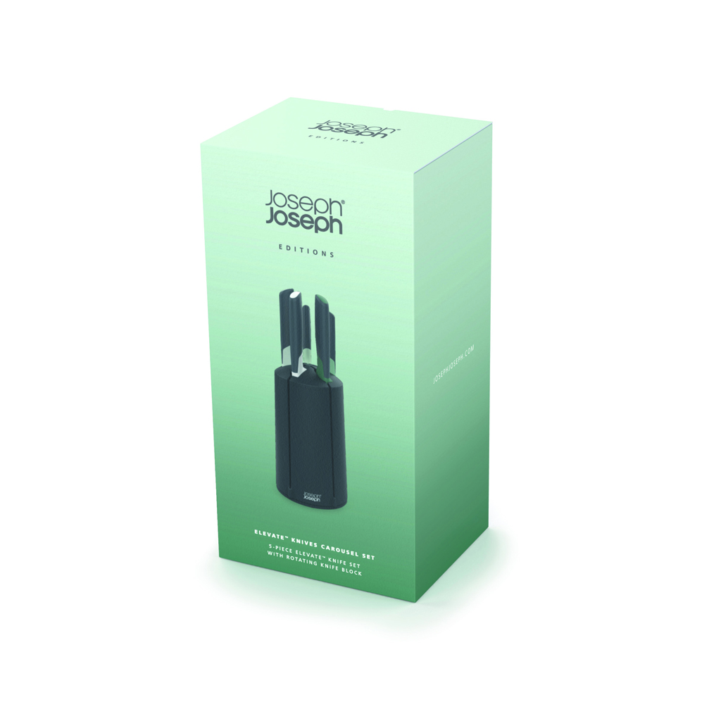 Una caja verde menta con un juego de cuchillos dentro. La caja tiene el logotipo de Joseph Joseph y las palabras 'ELEVATE KNIVES CAROUSEL SET'.
