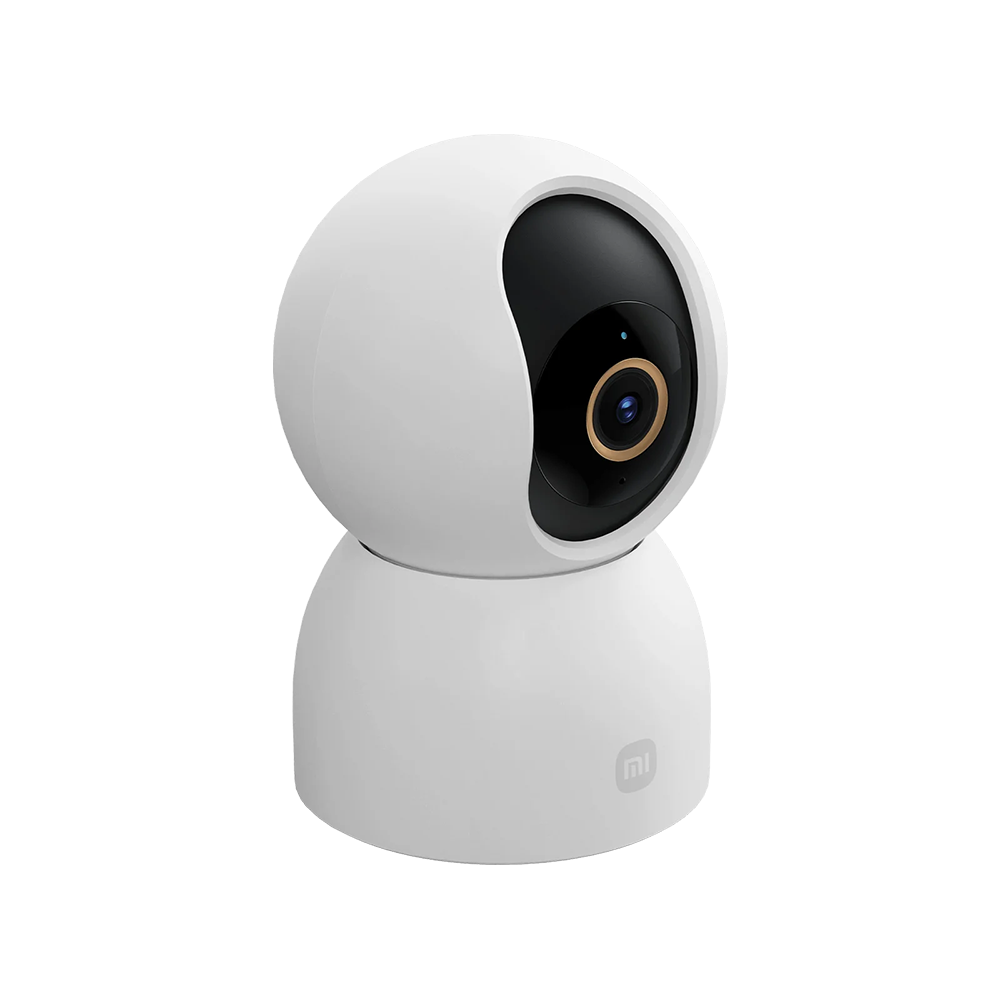 Telecamera di sicurezza bianca e nera. Ha una parte superiore arrotondata con lente nera e base bianca, con logo.