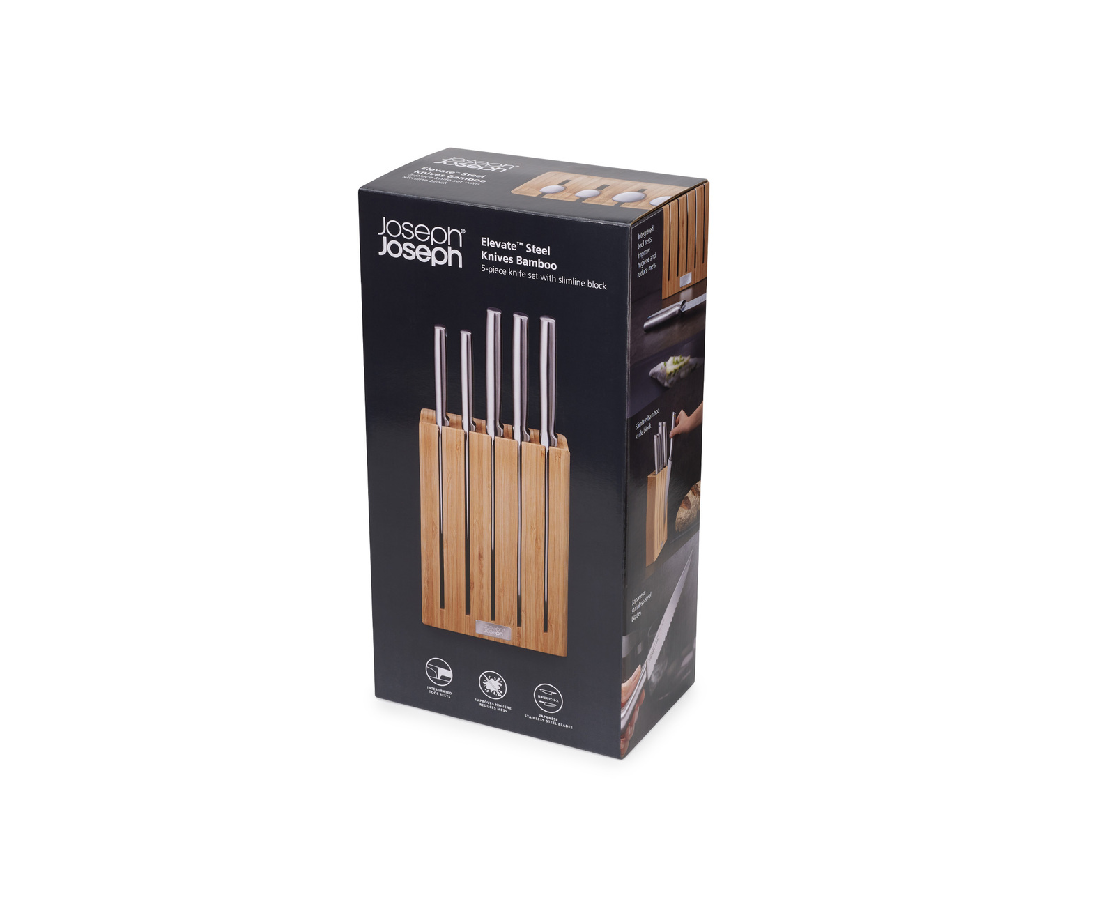 Una caja de cuchillos Joseph Joseph. Los cuchillos están en un bloque de bambú. La caja tiene texto que dice Elevate Steel Knives Bamboo.