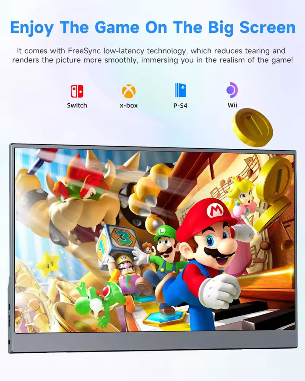 Una pantalla muestra personajes de Mario. El texto superior dice 'Enjoy The Game'. Se muestran iconos de Switch, Xbox, PS4 y Wii.