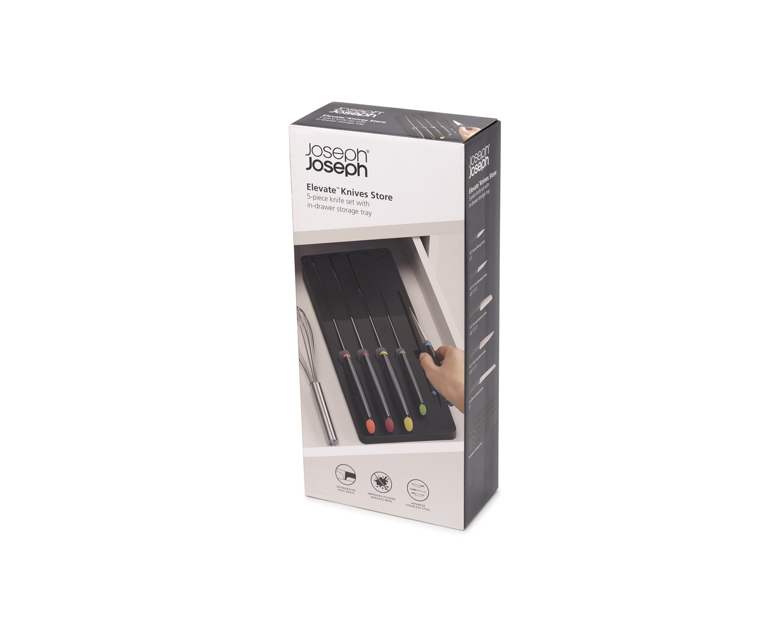 Una caja Joseph Joseph Elevate Knives Store. Muestra un juego de cuchillos con una bandeja. La caja está sobre una superficie blanca.
