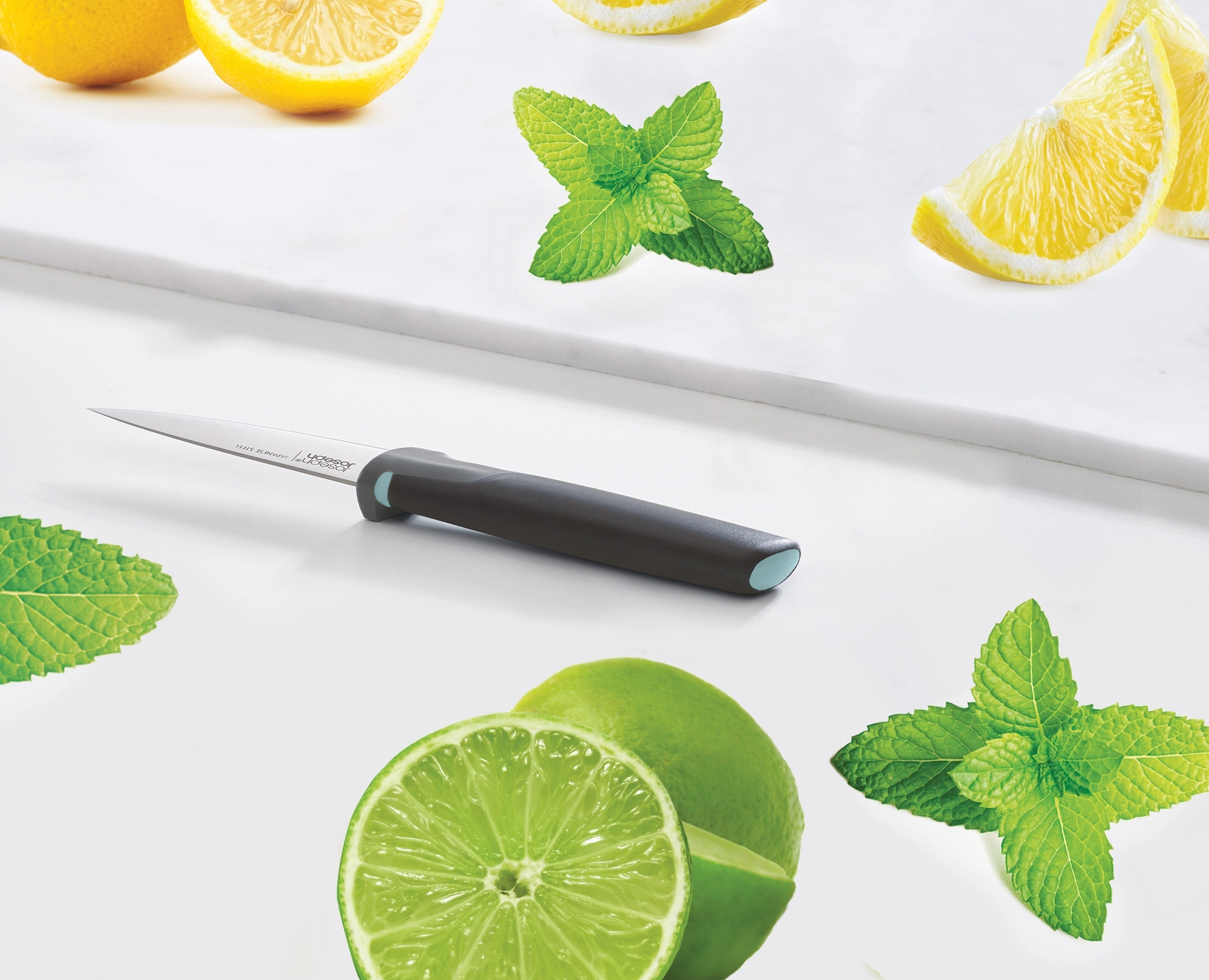 Un cuchillo con mango oscuro, rodeado de limones, limas y hojas de menta sobre una superficie blanca.
